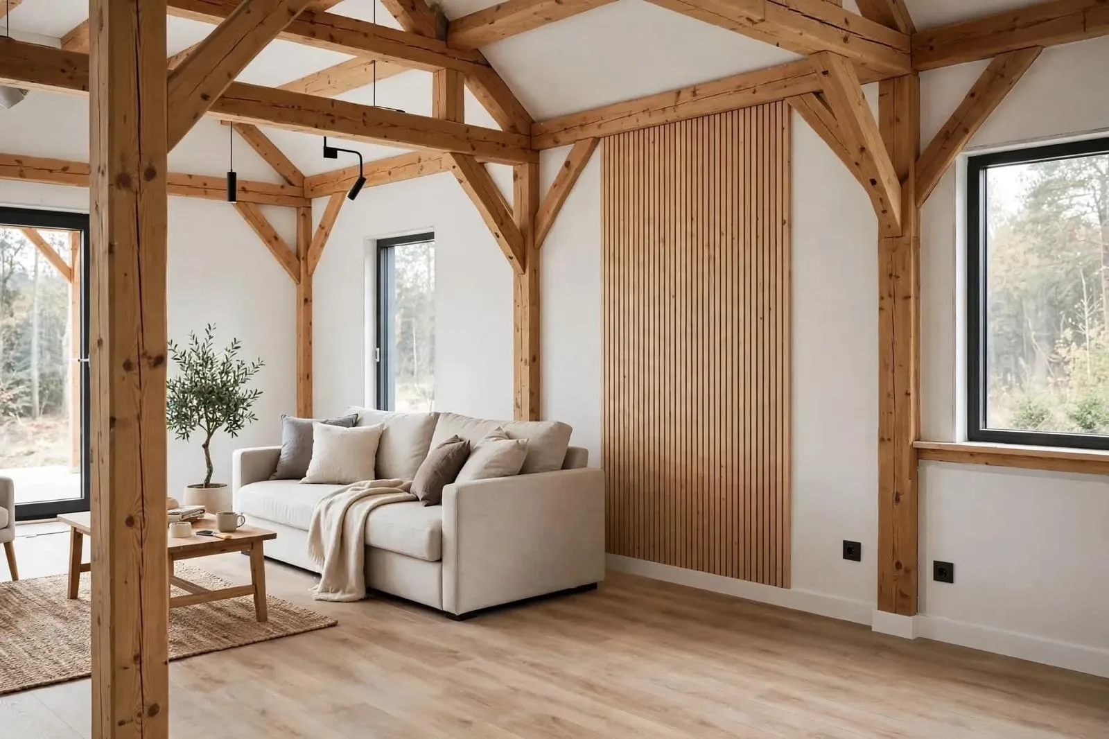 Modern interieur met houten dakspanten