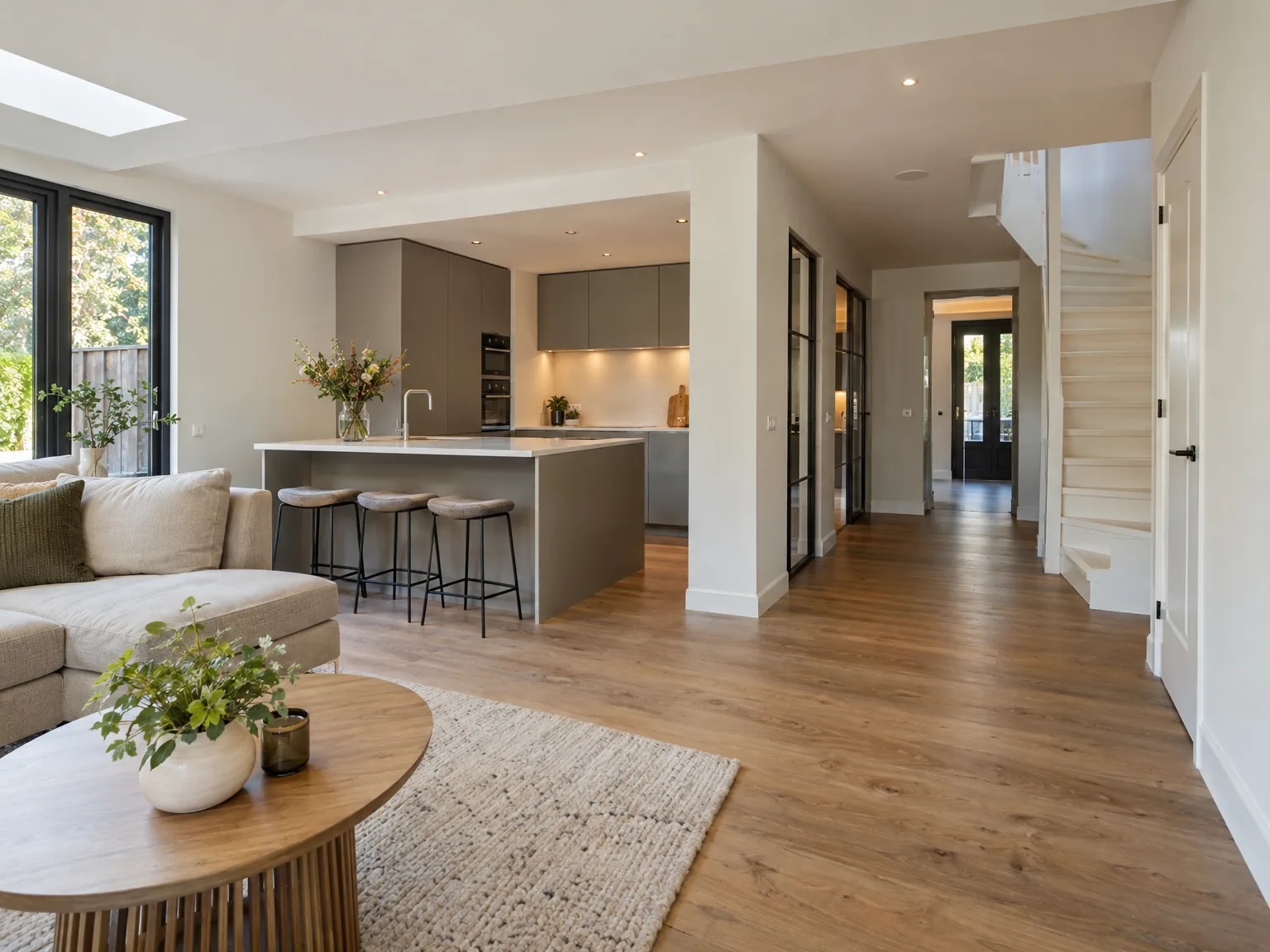 Oplevering nieuwbouw: open woonkeuken met grijze keuken, houten vloer en verlaagd plafond