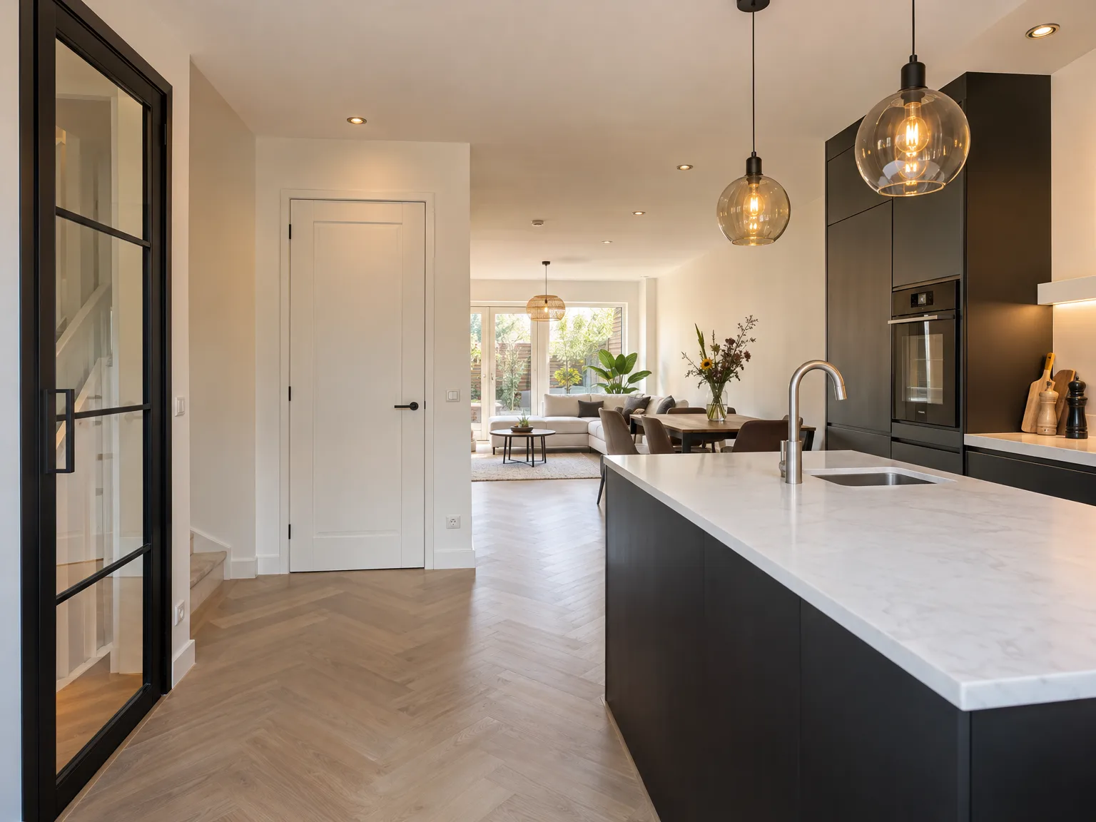 Zwarte luxe inbouwkeuken met marmeren werkblad en hangende verlichting in moderne verbouwing