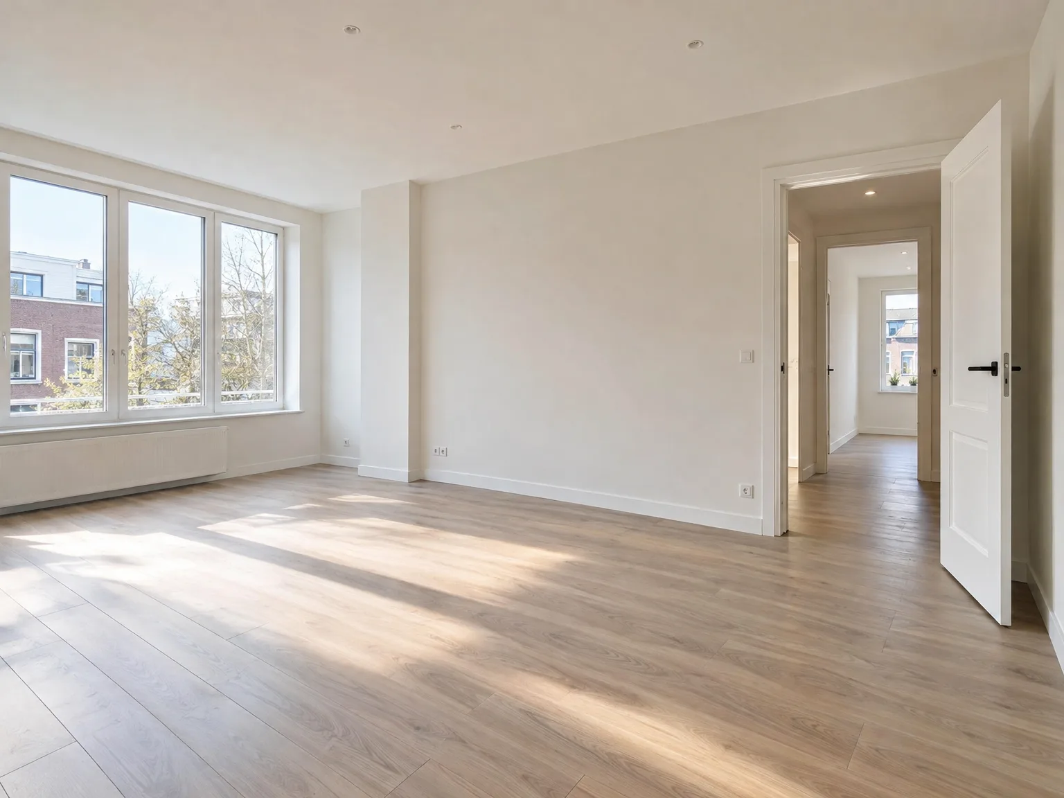 Gerenoveerde woonkamer met laminaatvloer, witte wanden, nieuwe deuren en grote ramen