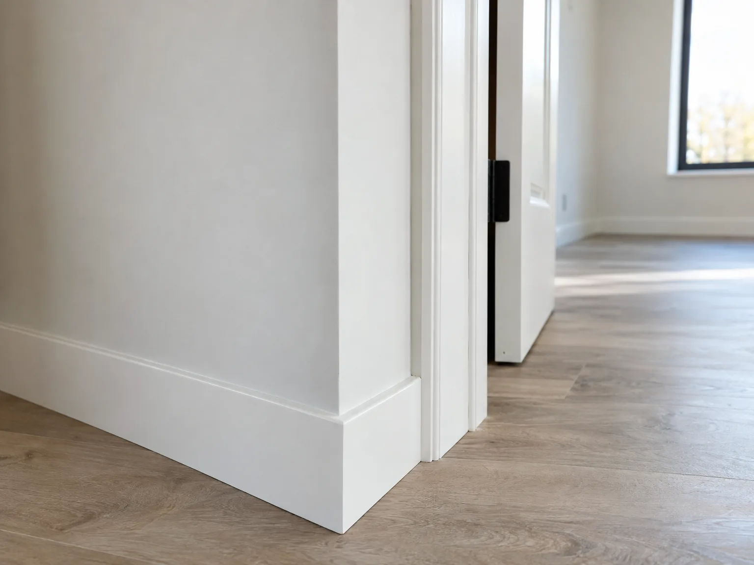 Witte gipskartonwanden, houten vloer en deurkozijnen in afgewerkt interieur