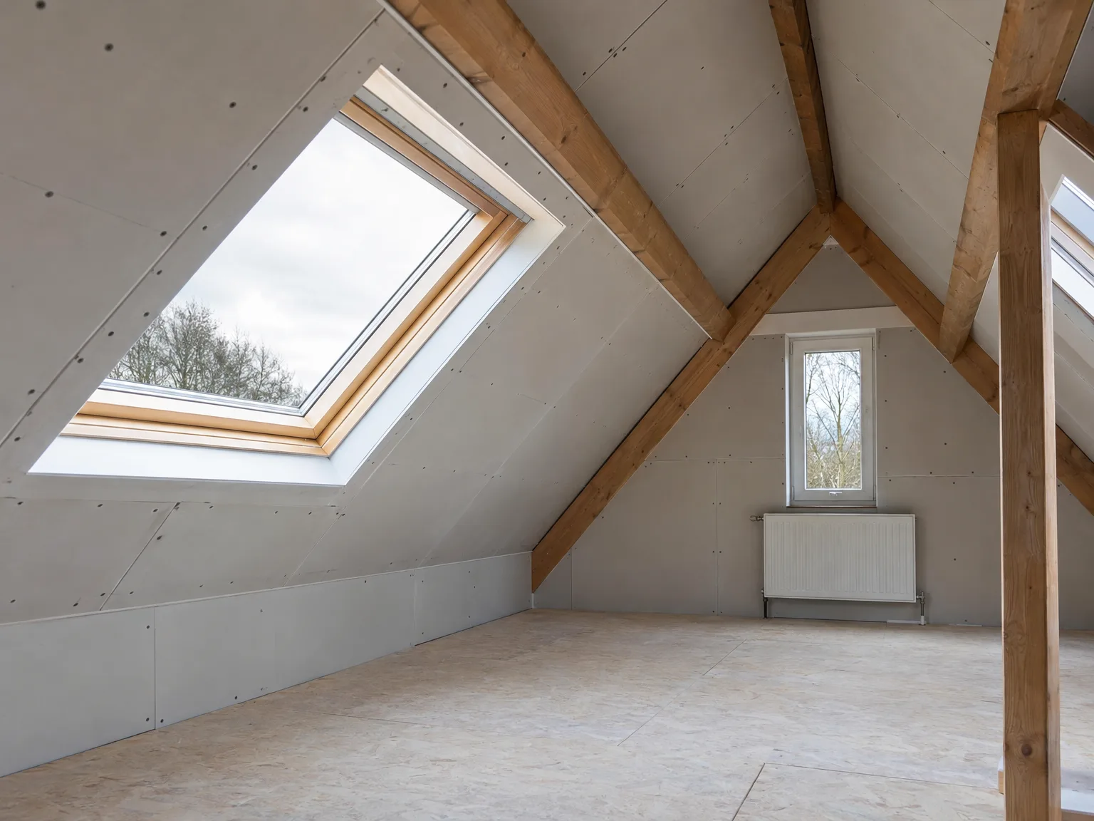 Zolderaanbouw met gipsplaten, dakvenster en houten balken in afbouw