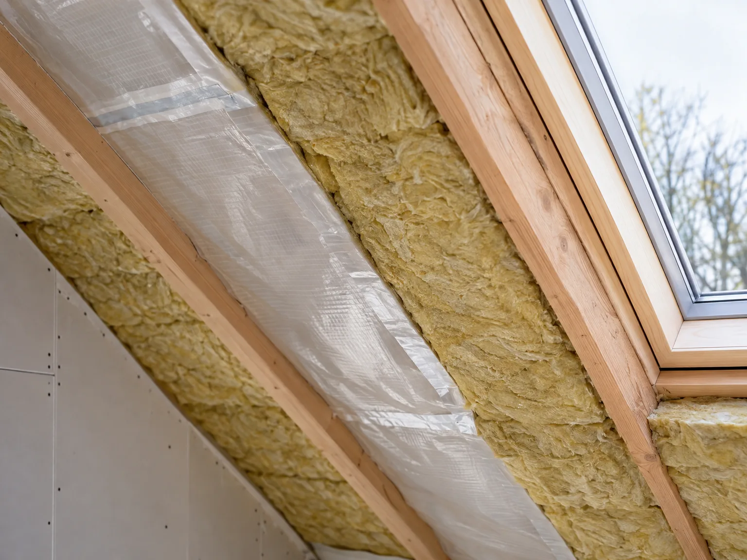 Dakisolatie met mineraalwol en dampremmend folie tussen houten spanten