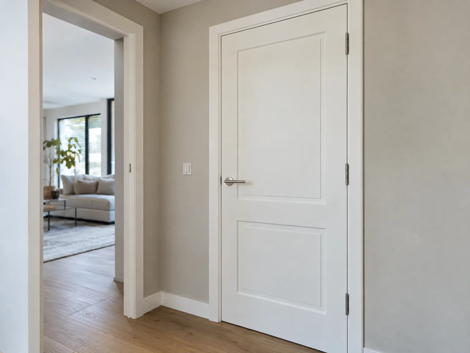 Witte deur met moderne afwerking in lichte gang met houten vloer
