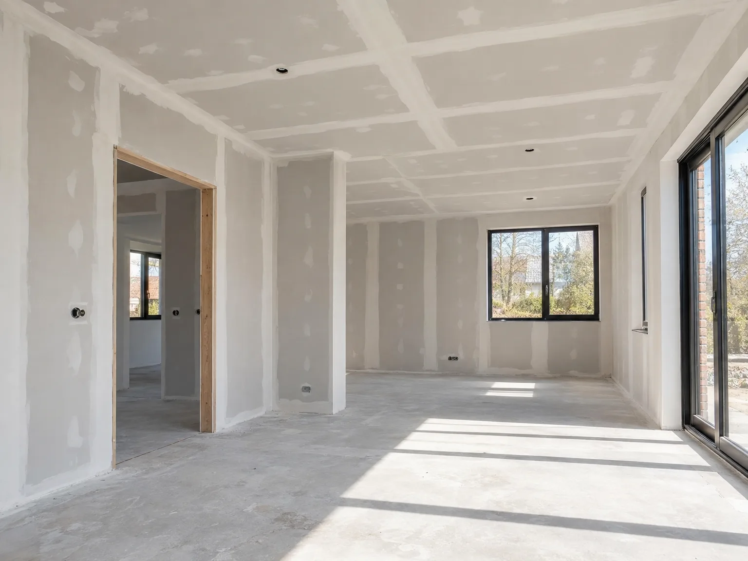 Interieur in afbouwfase met gipsplaten wanden, spuitwerk, verlaagd plafond en houten deurkozijnen - oplevering nieuwbouw