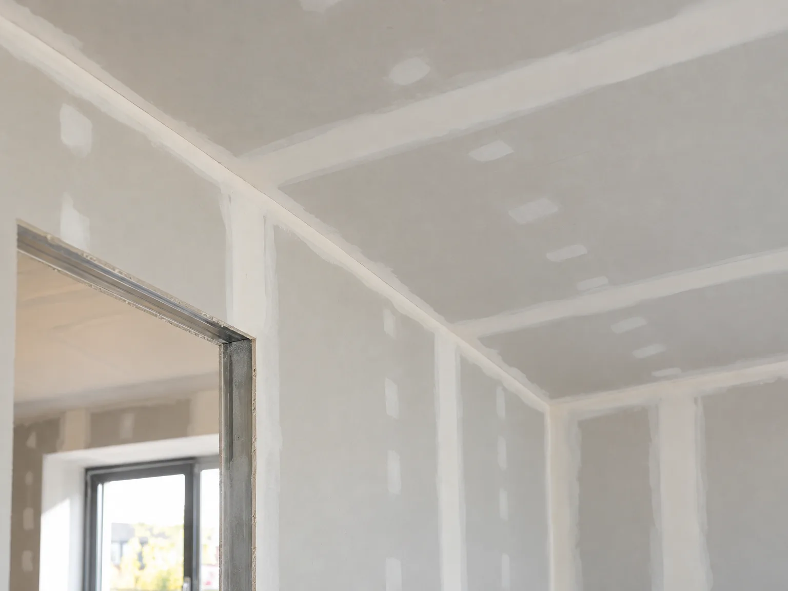 Montage van gipsplaten op plafond en wanden in verbouwing