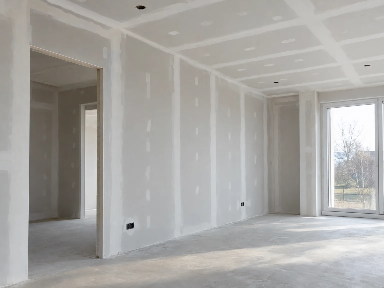 Renovatie fase met gipsplaten scheidingswanden en verlaagd plafond