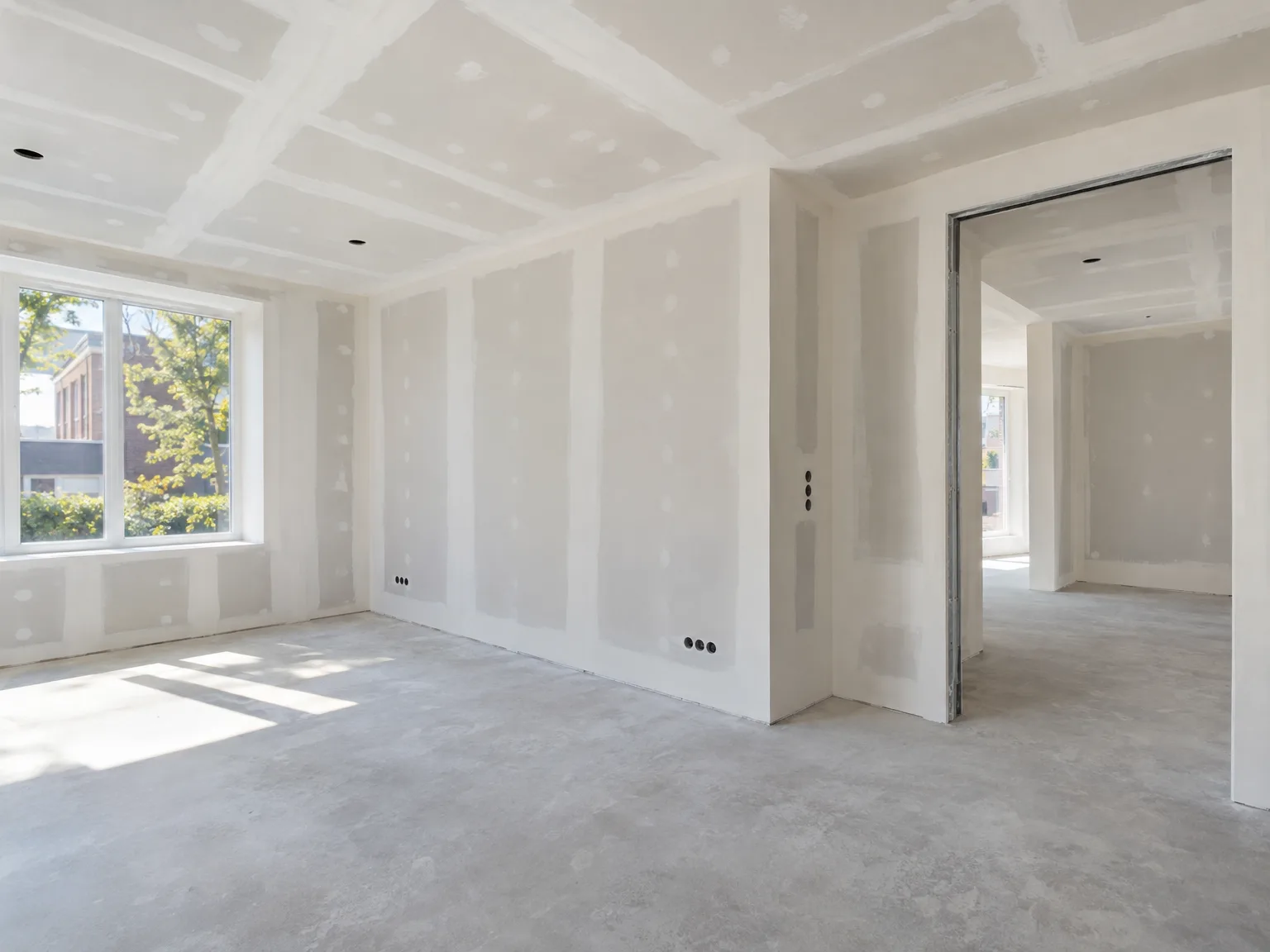 Oplevering nieuwbouw met gipsplaten wanden, systeemplafond en egalisatievloer