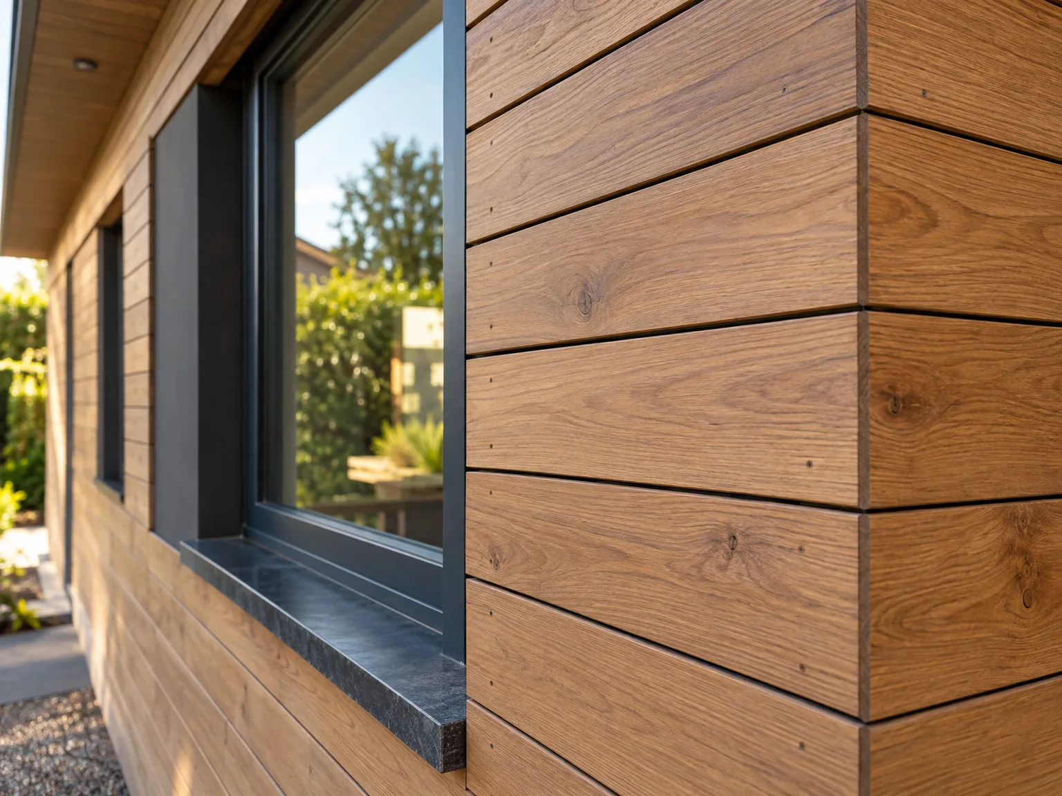 Horizontaal houten gevelbekleding met zwarte houten ramen en tuinzicht, modern timmerwerk