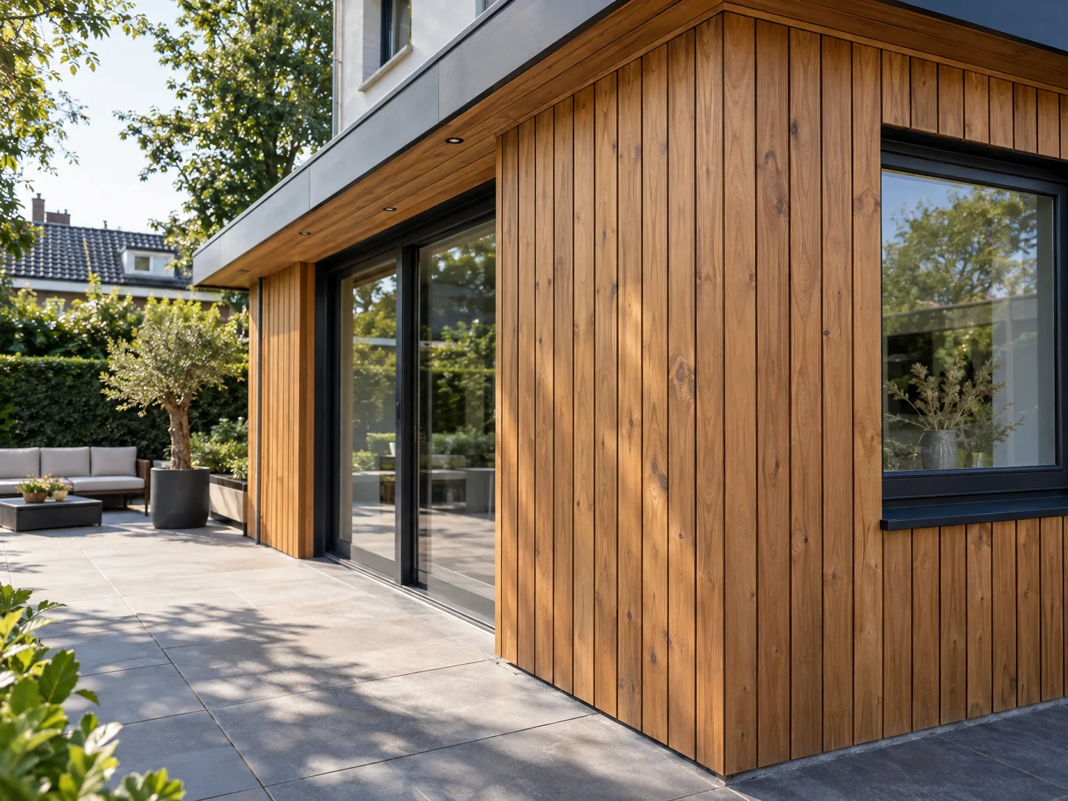Moderne uitbouw met bruine houten gevelbekleding, grote raampartijen en plavuizen terras