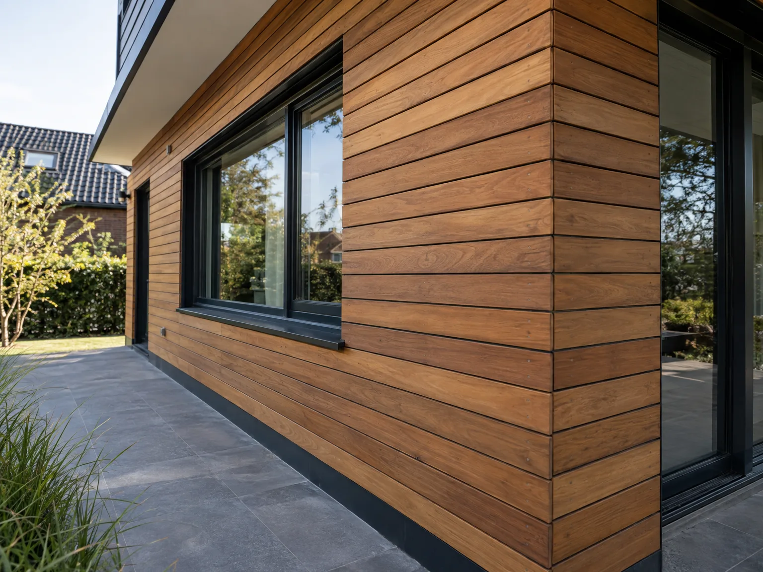Moderne houten gevelbekleding met zwarte ramen op woning