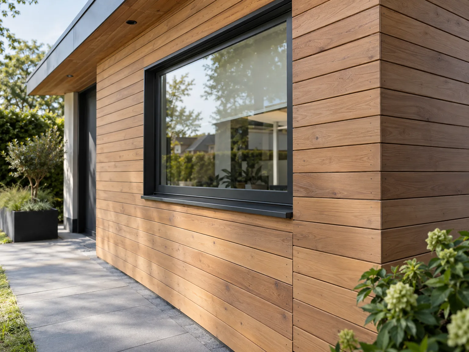 Houten gevelbekleding op moderne gevel met grote ramen en zwarte raamlijsten