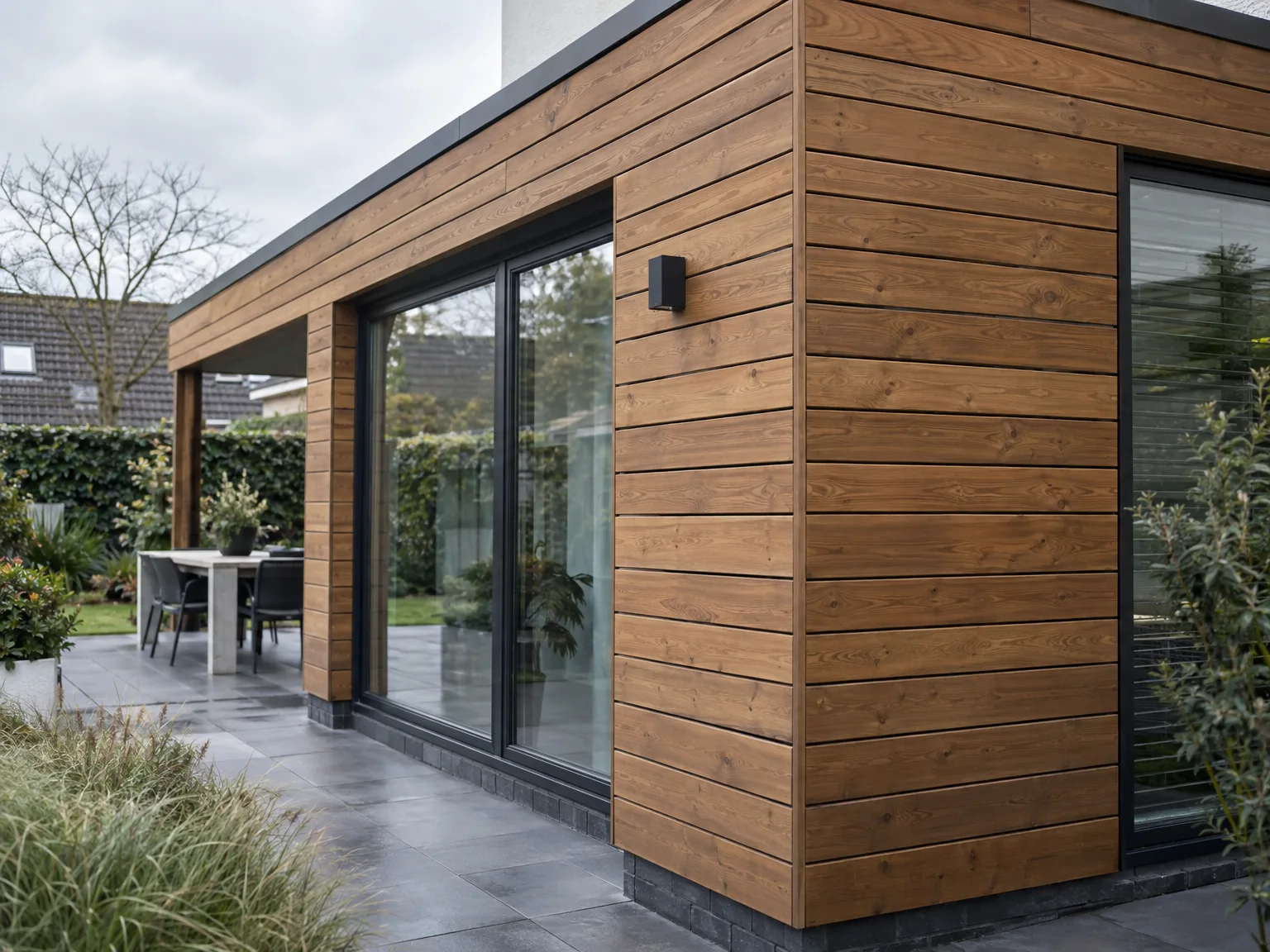 Moderne houten gevelbekleding met grote glazen deuren en terras