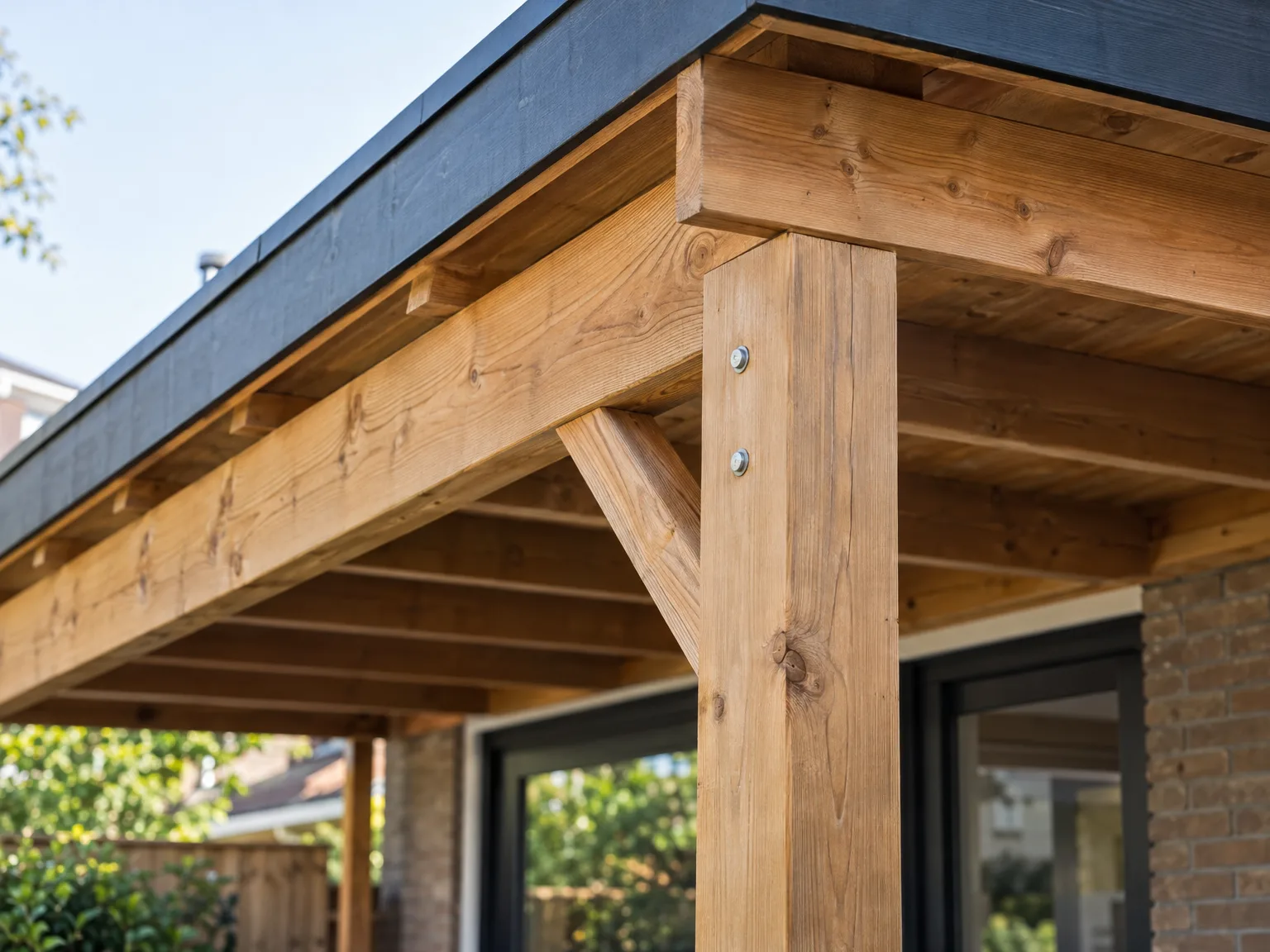 Houten overkapping met zichtbare houten balken en zwarte dakafdekking aan nieuwbouw