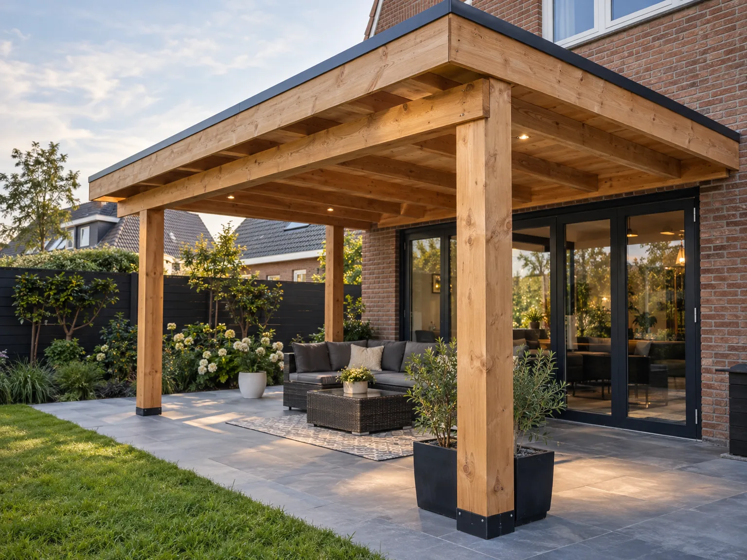 Houten overkapping met massieve houten zuilen, terras en grote glazen schuifdeuren