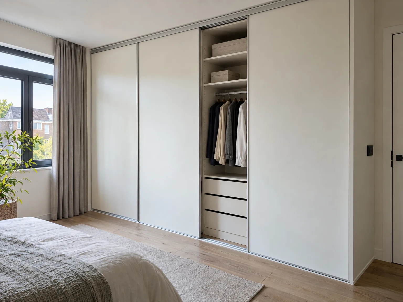 Inbouwkast met witte schuifdeuren, open vakken en laden in moderne slaapkamer