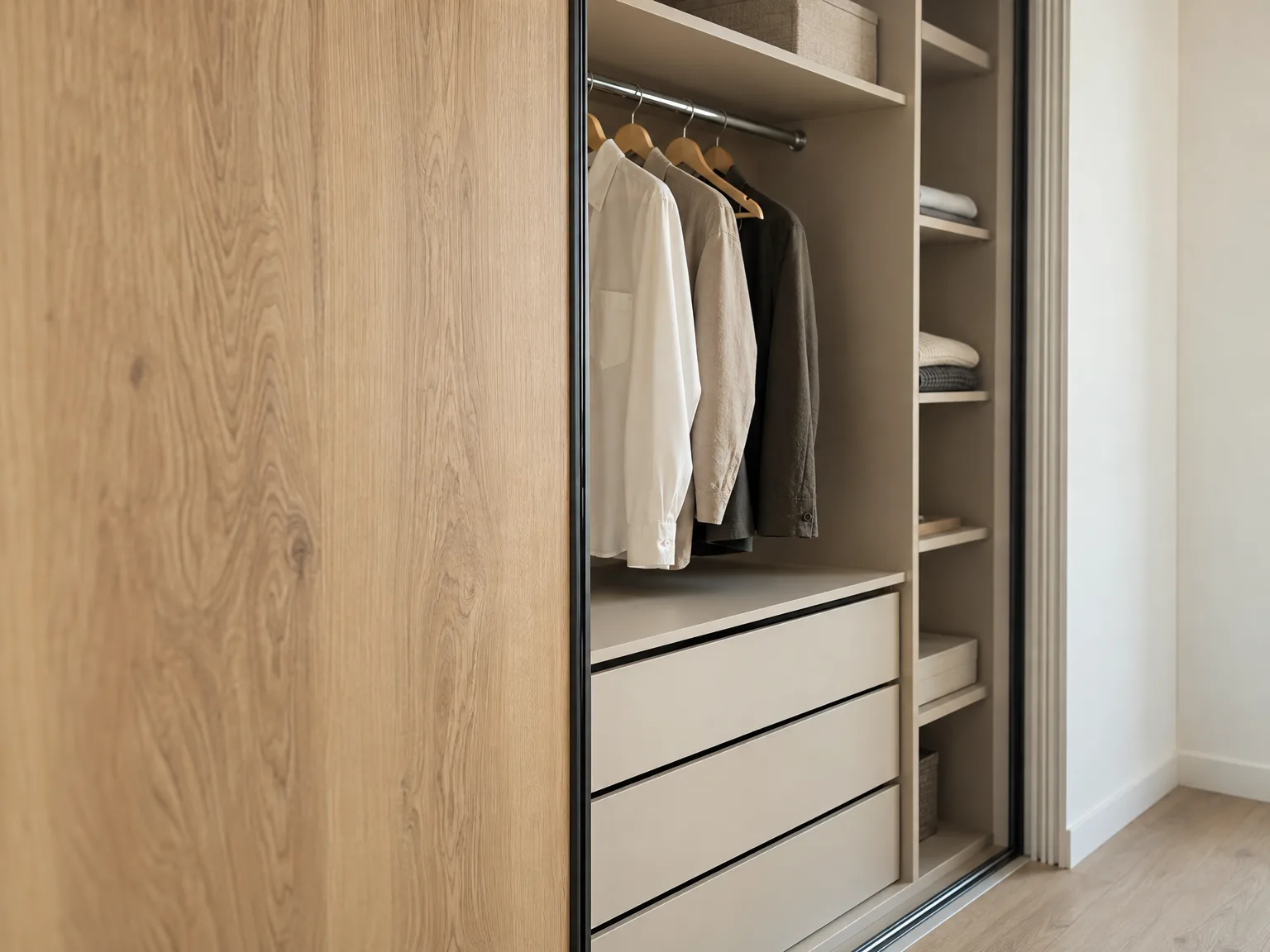 Maatwerk inbouwkast met eiken schuifdeuren, kledingrek en laden in moderne afwerking