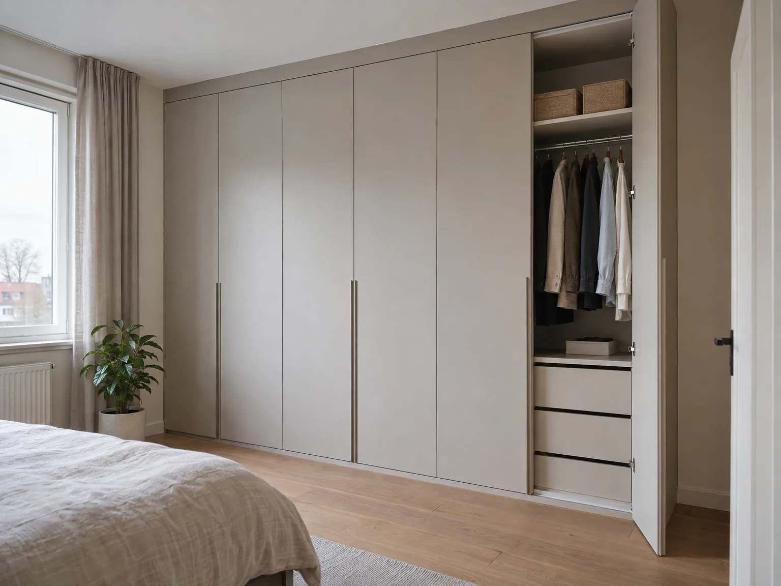 Inbouwkast in slaapkamer met beige deuren en kledingrek