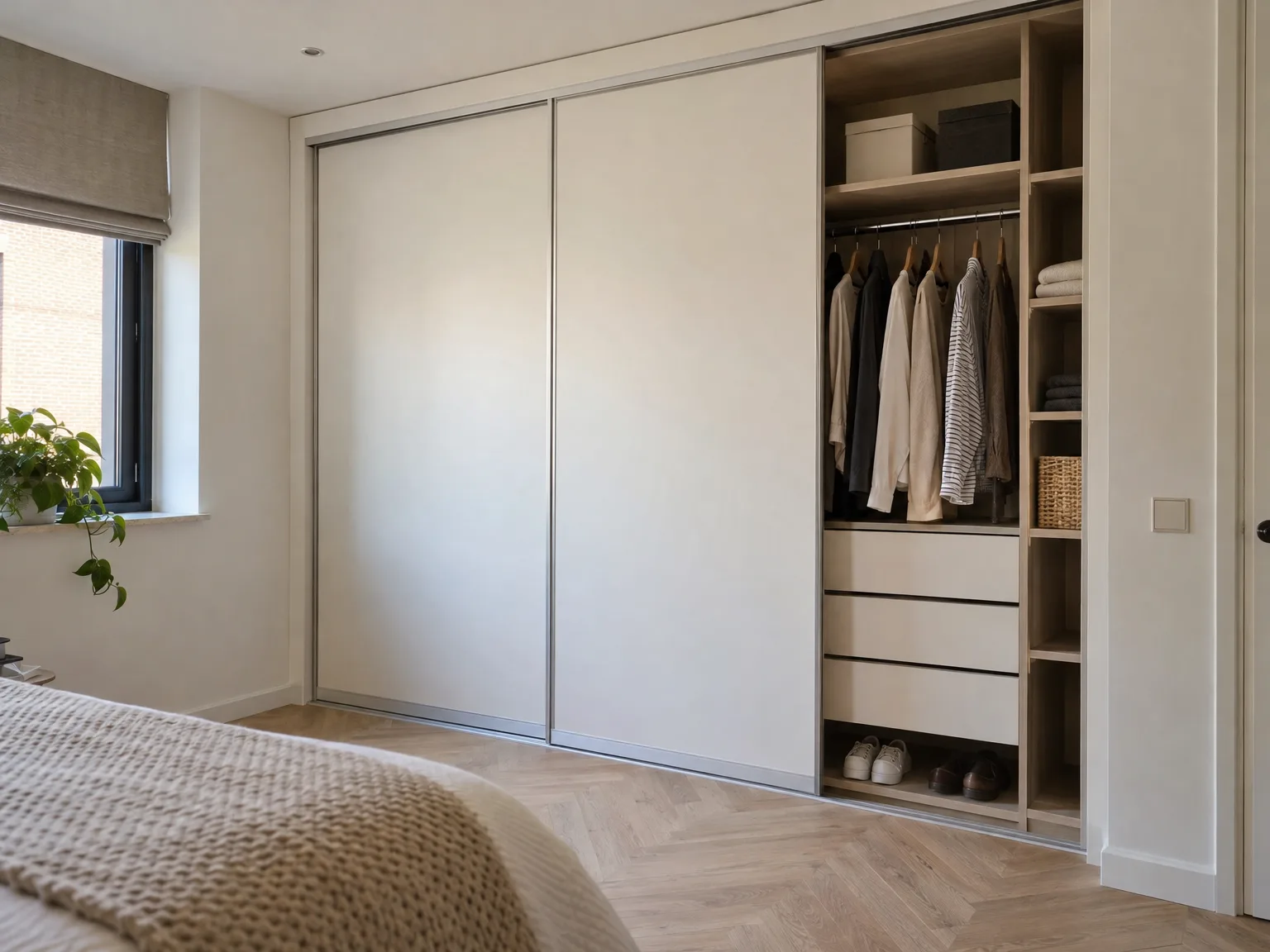 Moderne ingebouwde schuifkast in slaapkamer met witte fronten en open bergruimte