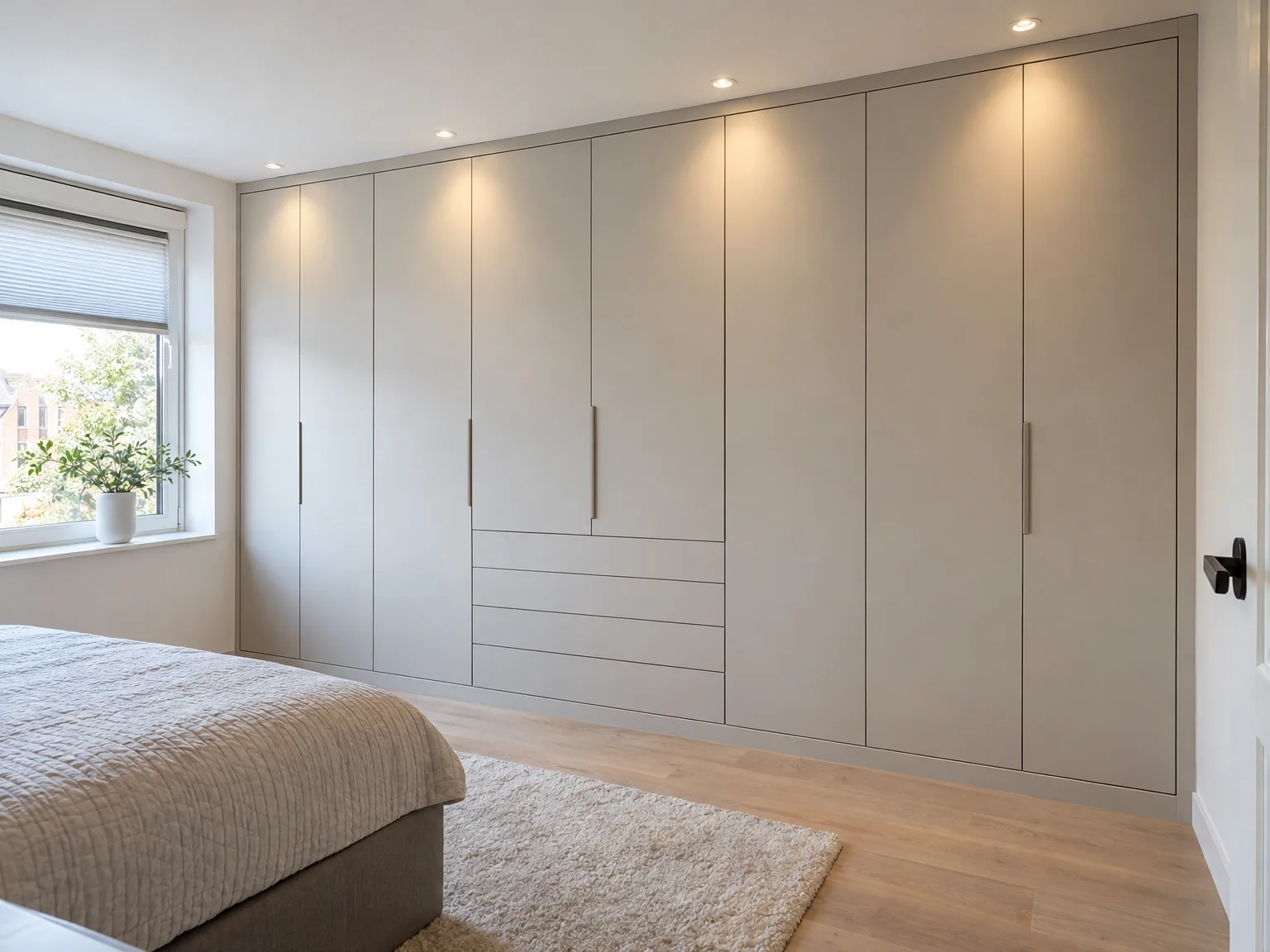 Grijsbeige inbouwkast met schuifdeuren en laden in moderne slaapkamer met LED-spots
