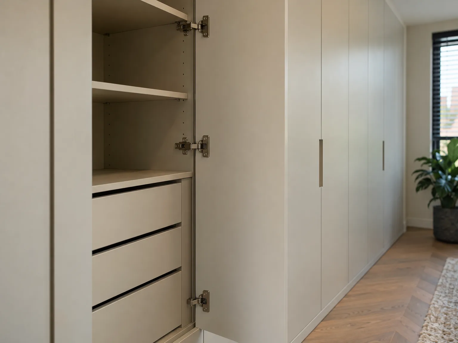 Witte inbouwkast met open kasten en laden met zwarte handgrepen in modern interieur