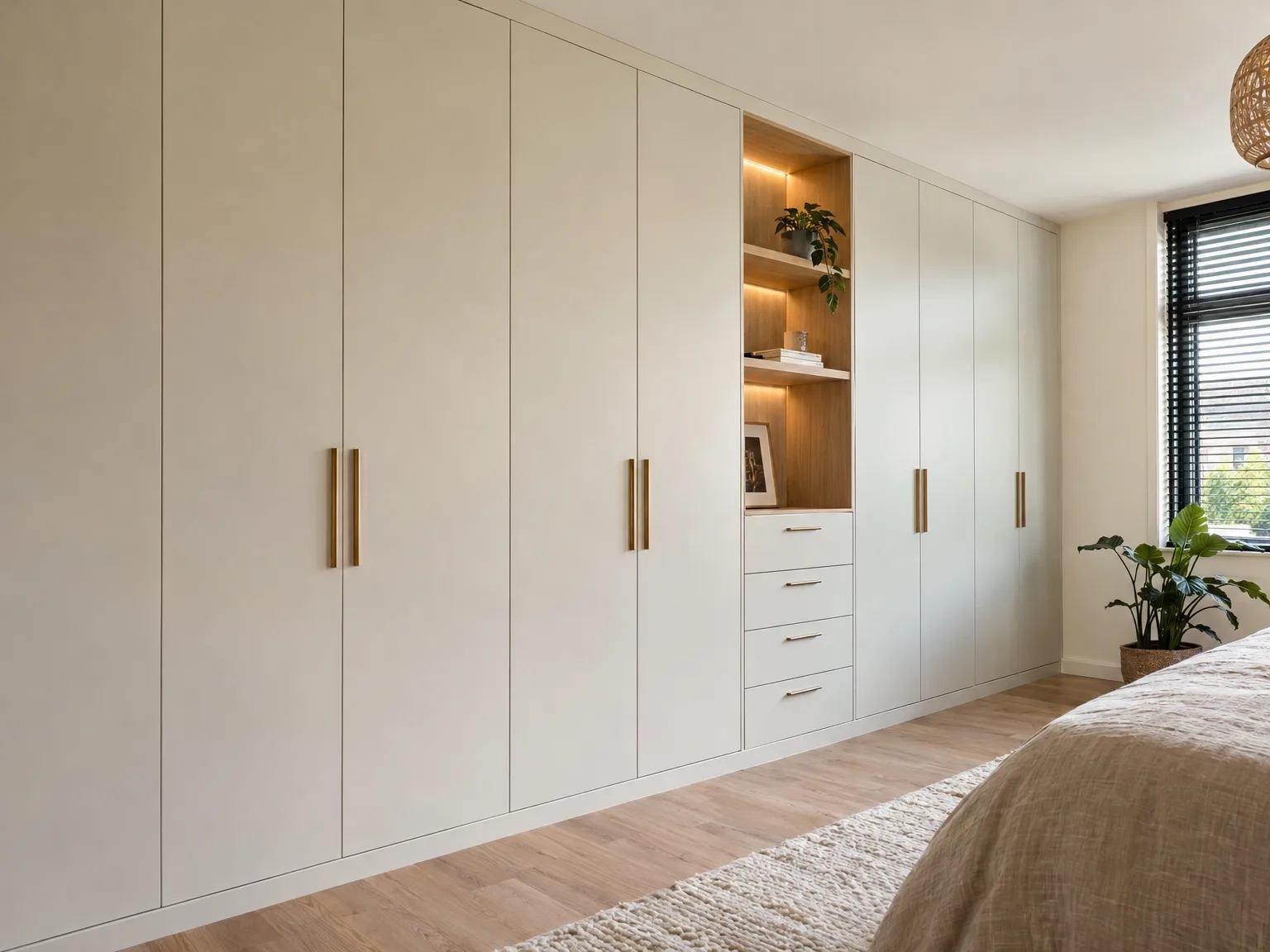 Witte inbouwkast slaapkamer met gouden grepen en verlichte display-niche voor decoratie