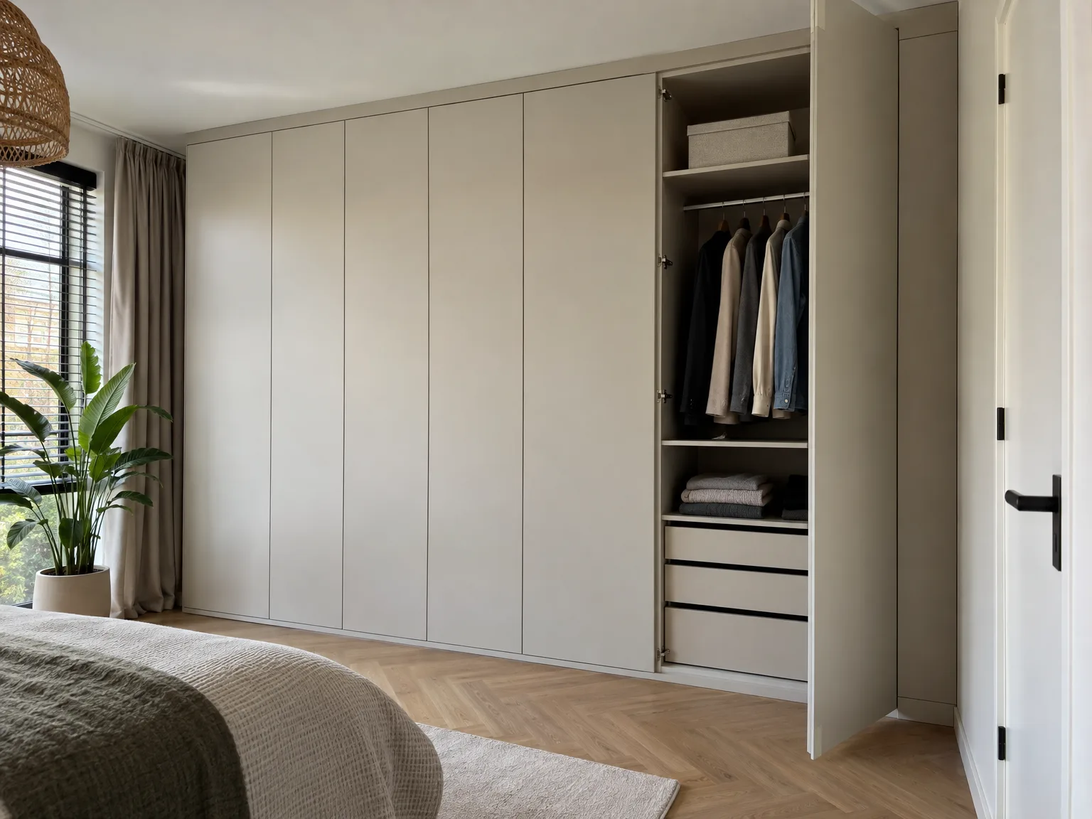 Inbouwkasten met schuifdeuren en open kledingruimte in moderne slaapkamer