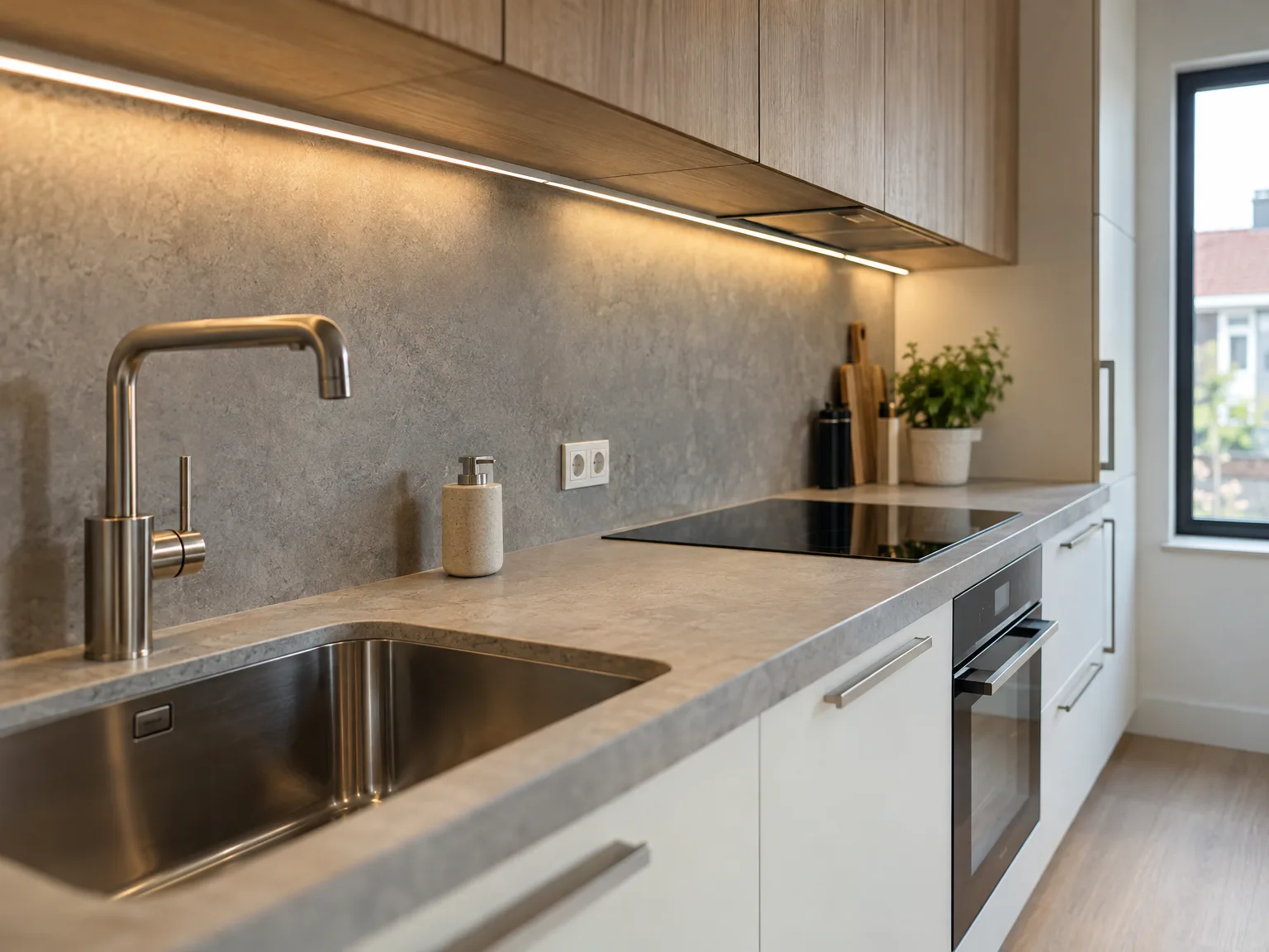 Moderne keuken met witte onderkastjes, houten bovenkastjes en grijze stenen achterwand
