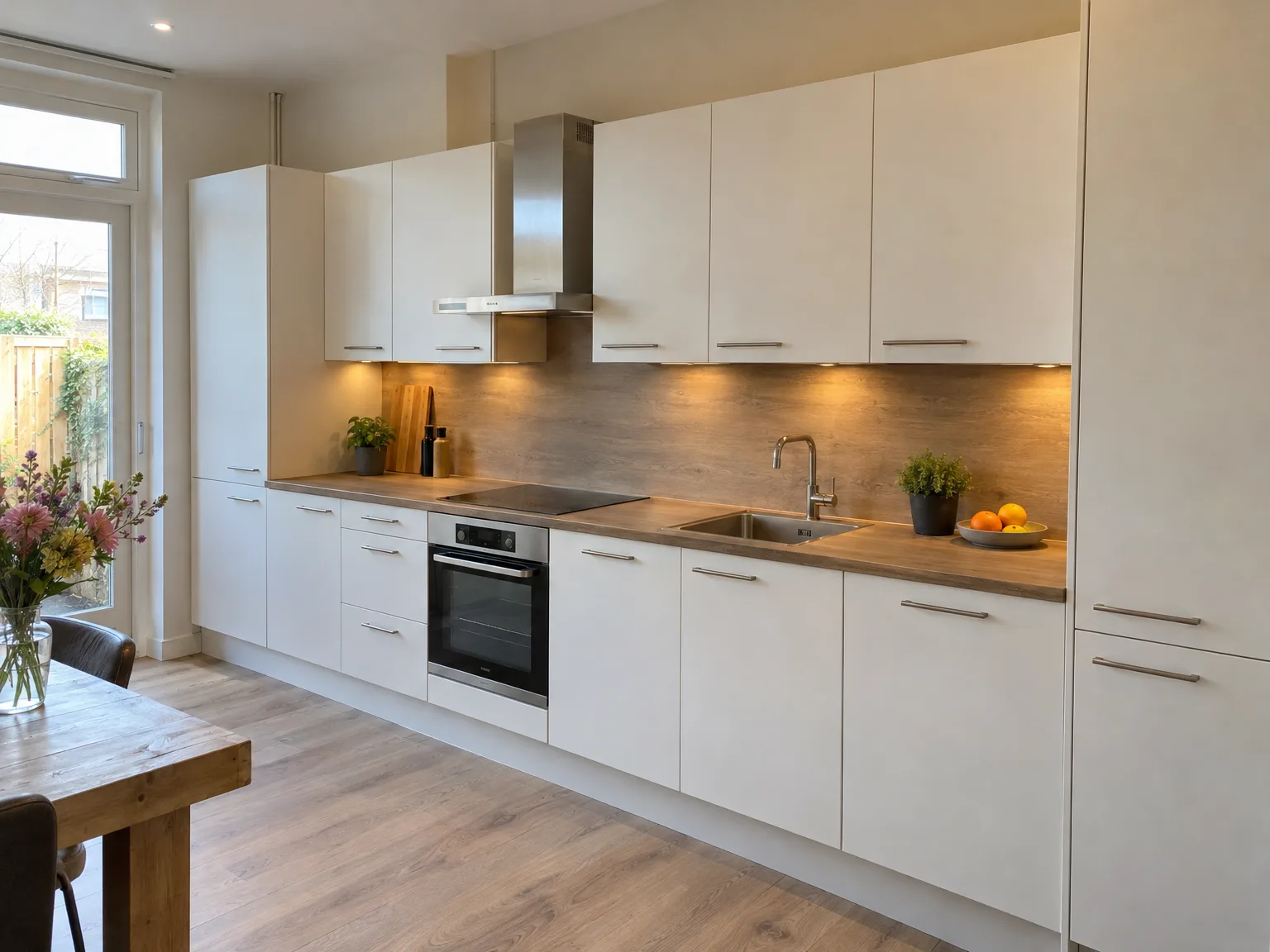 Moderne keuken met witte inbouwkasten, houten werkblad en bruine wandbekleding