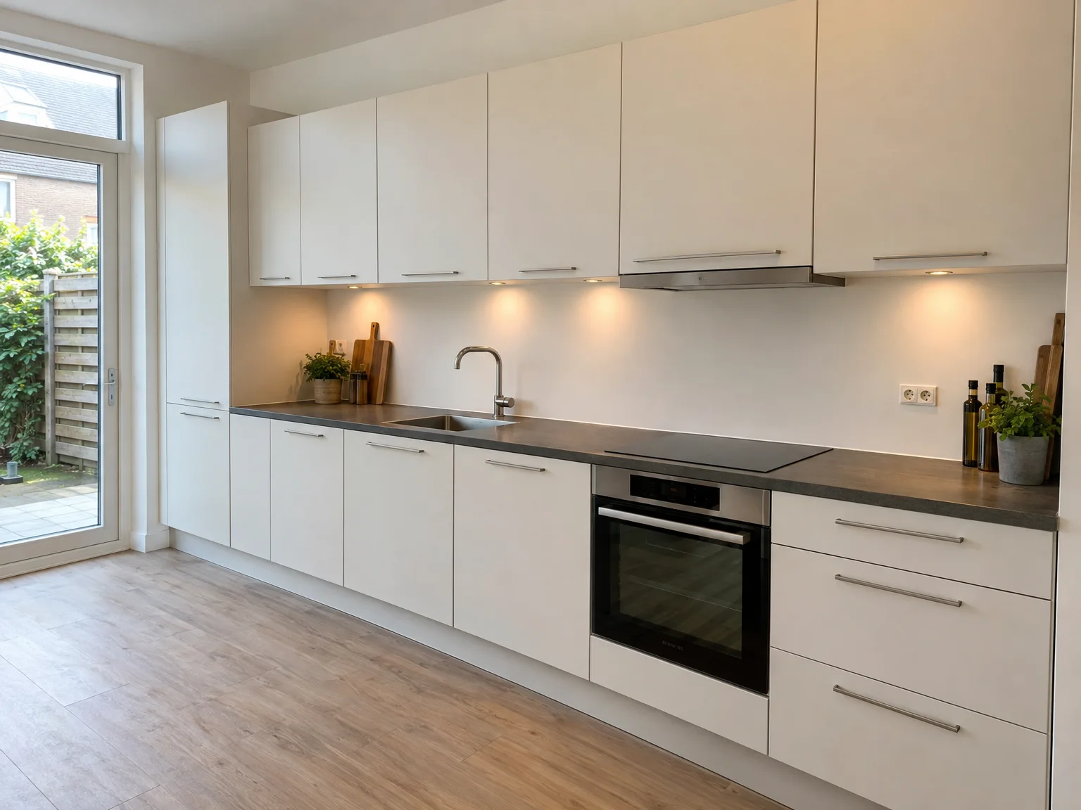 Keuken plaatsen: witte greeploze keuken met zwart werkblad en inbouwoven