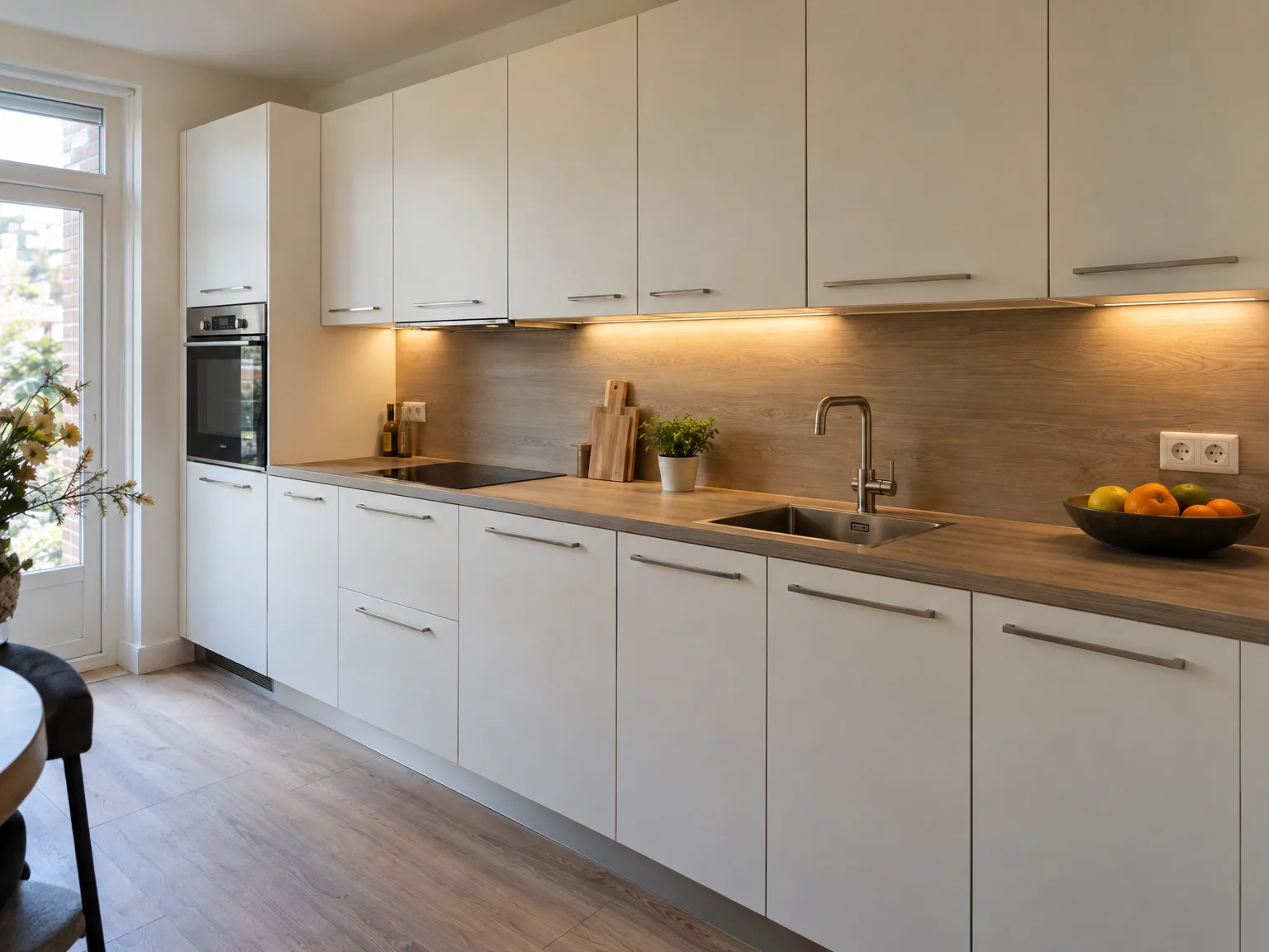 Moderne witte keuken met houten werkblad en LED-verlichting onder kastjes