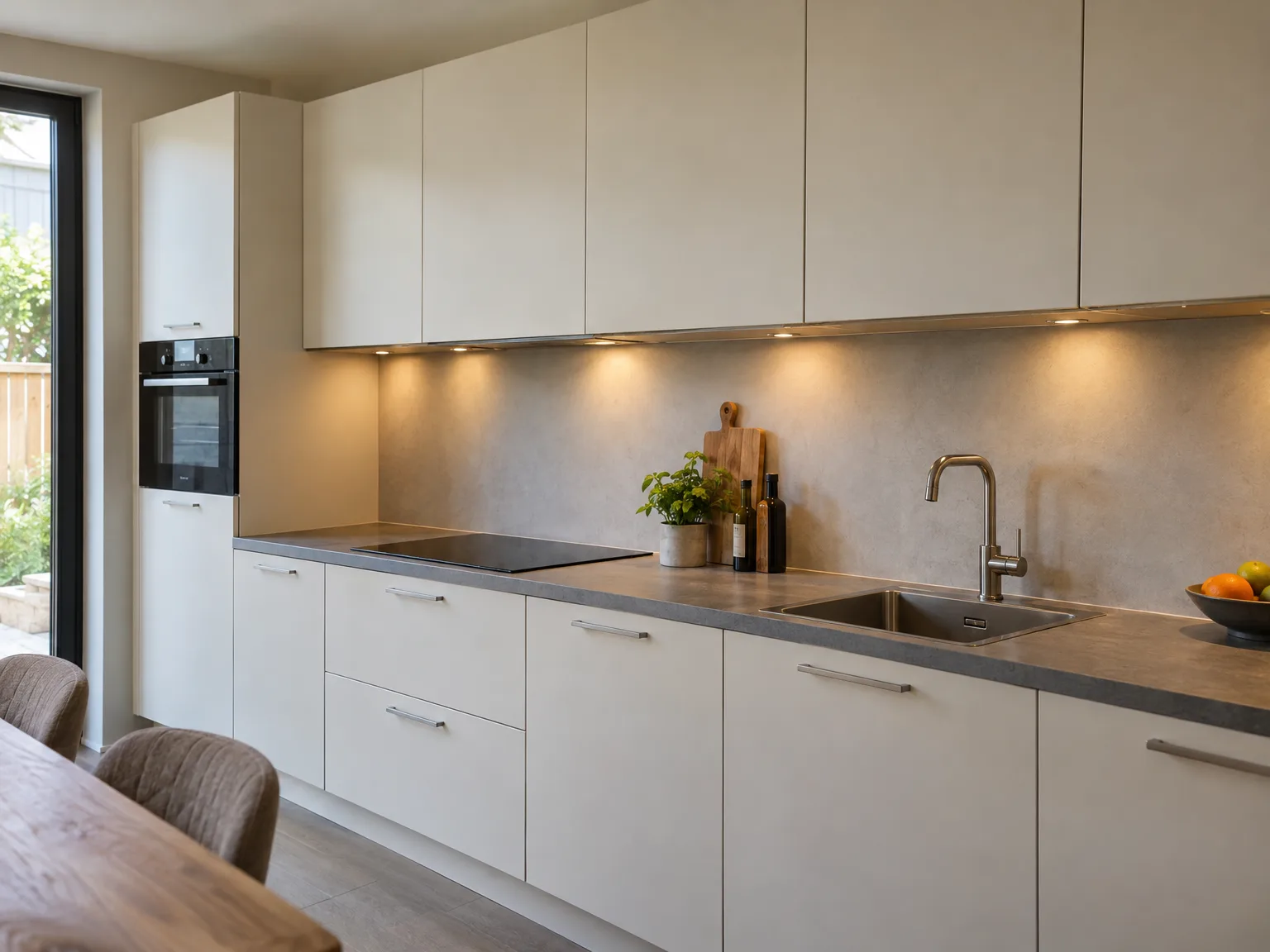 Afgewerkte witte keuken met zwart werkblad en ingebouwde verlichting