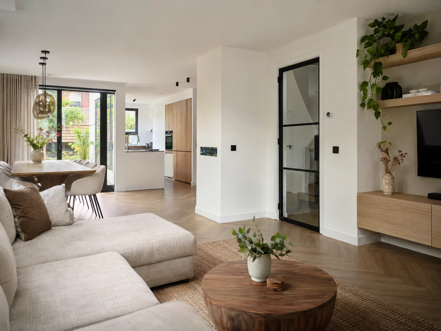 Moderne woonkamer met witte gipsplaten, glazen schuifdeur, houten vloer en inbouwkasten na verbouwing