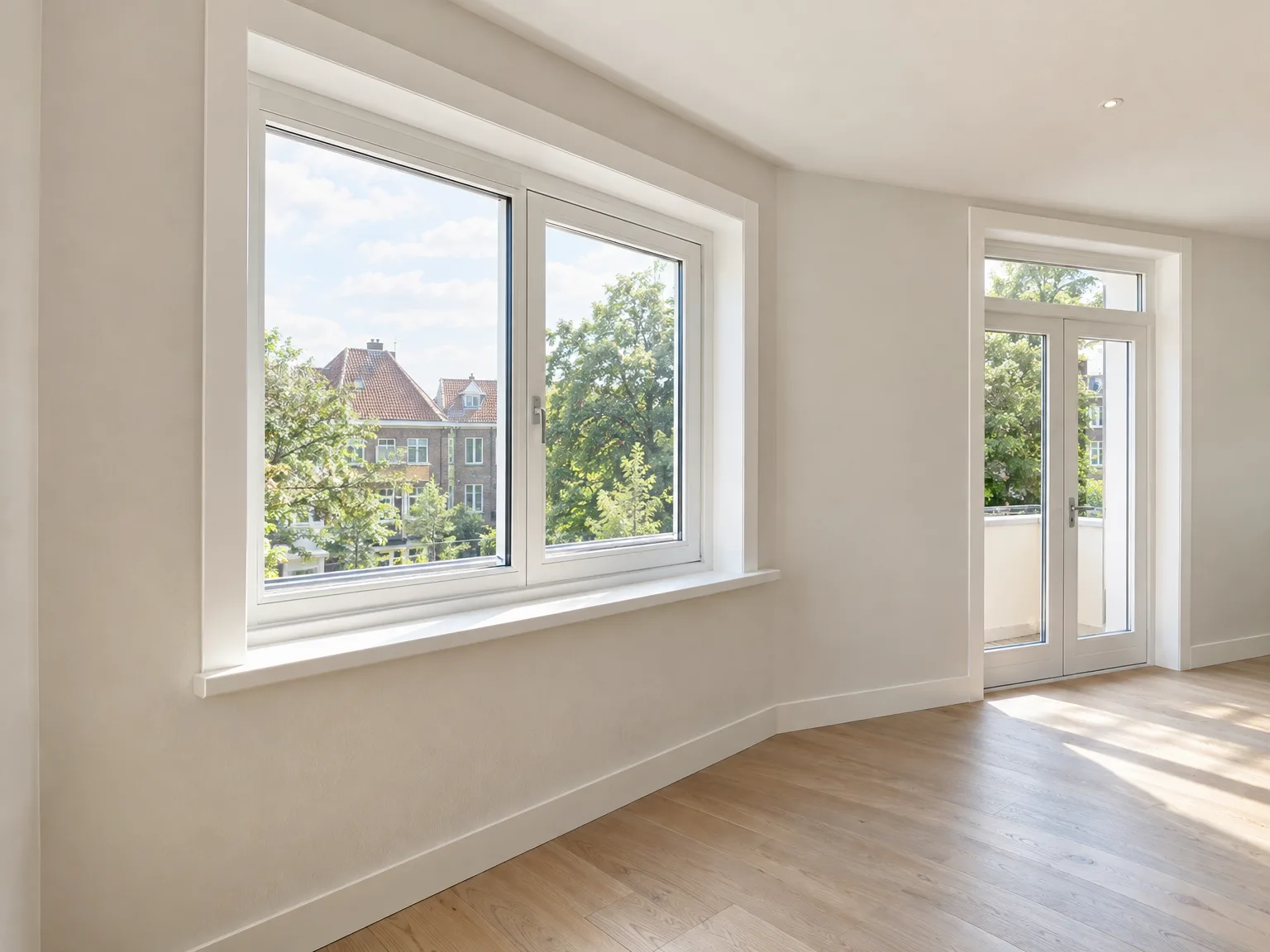 Oplevering nieuwbouw interieur met witte ramen, glazen terrasdeuren en houten vloer
