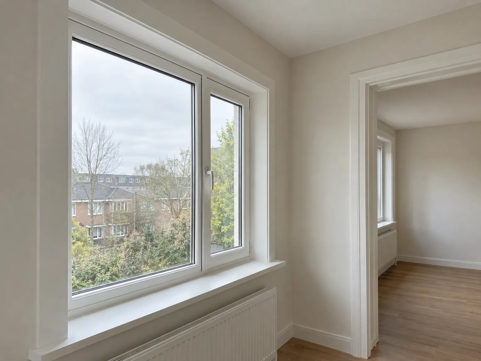 Kozijnen plaatsen: nieuwe kunststof ramen met dubbele beglazing in fraai afgewerkt interieur met houten vloer