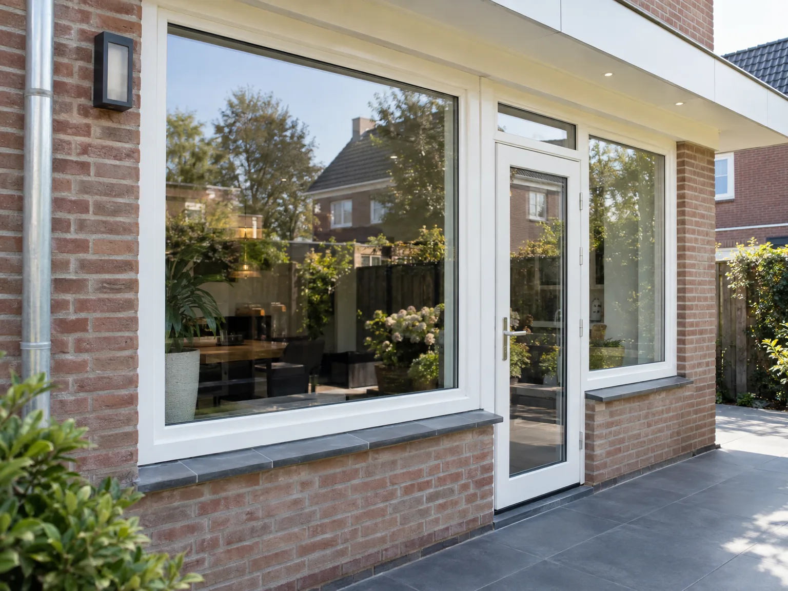 Grote witte kozijnen en schuifdeuren professioneel afgewerkt in rode baksteengevels