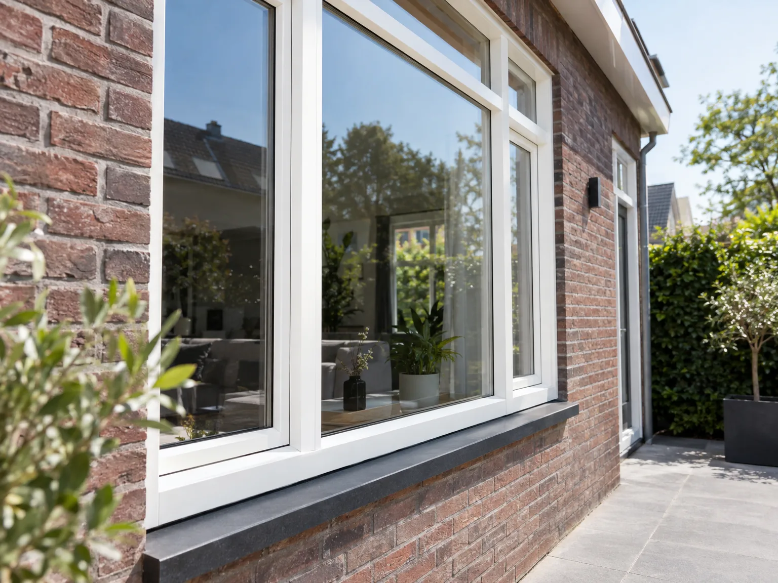 Moderne witte kozijnen met zwarte dorpels in cegelgevel geplaatst