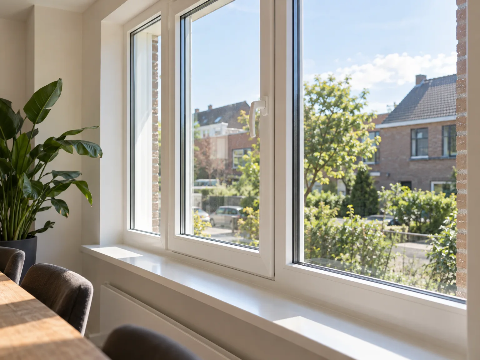 Professioneel geplaatste kunststof raamkozijnen, grote beglazing met witte afwerking