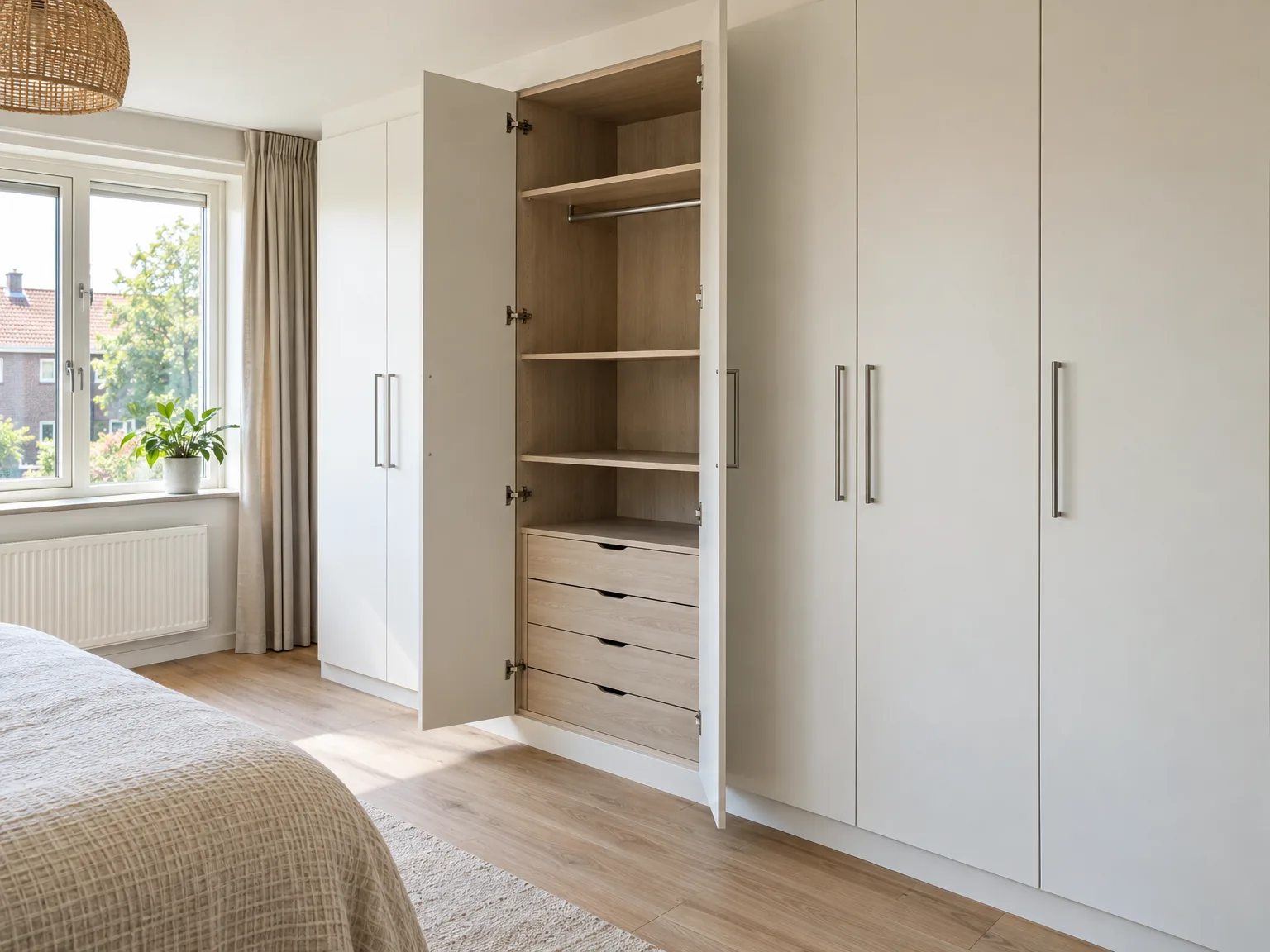 Moderne inbouwkasten in slaapkamer met witte deuren en open kastdeel met houten planken en lades