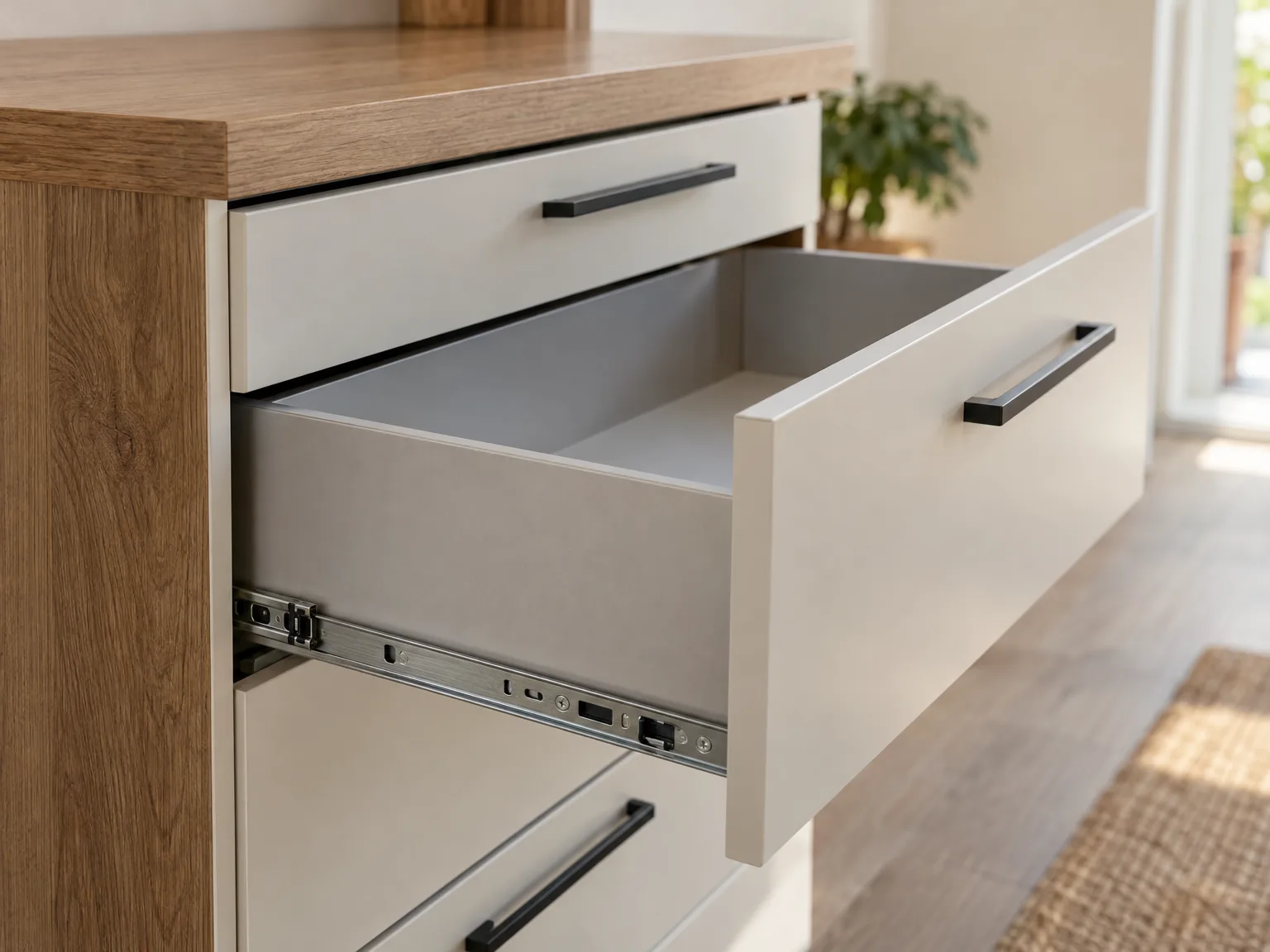 Moderne inbouwkast met houten zijkanten en witte laden, open lade zichtbaar