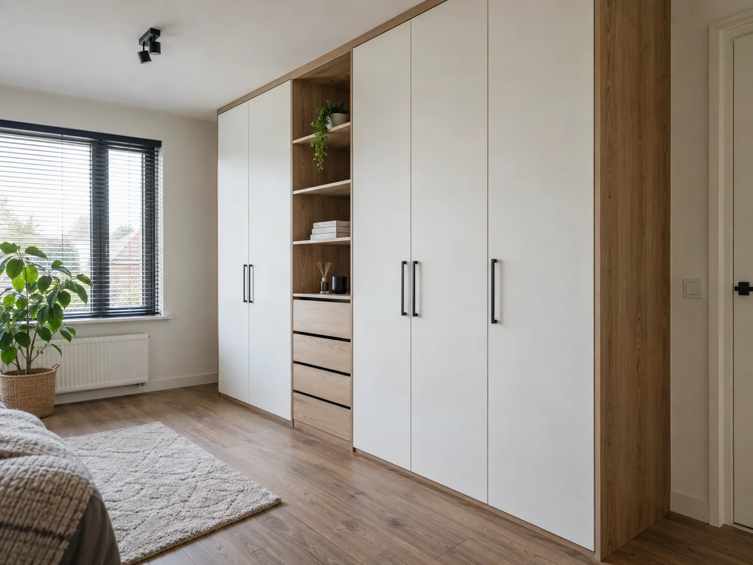 Witte inbouwkast met open vak en houten laden in modern slaapinterieur