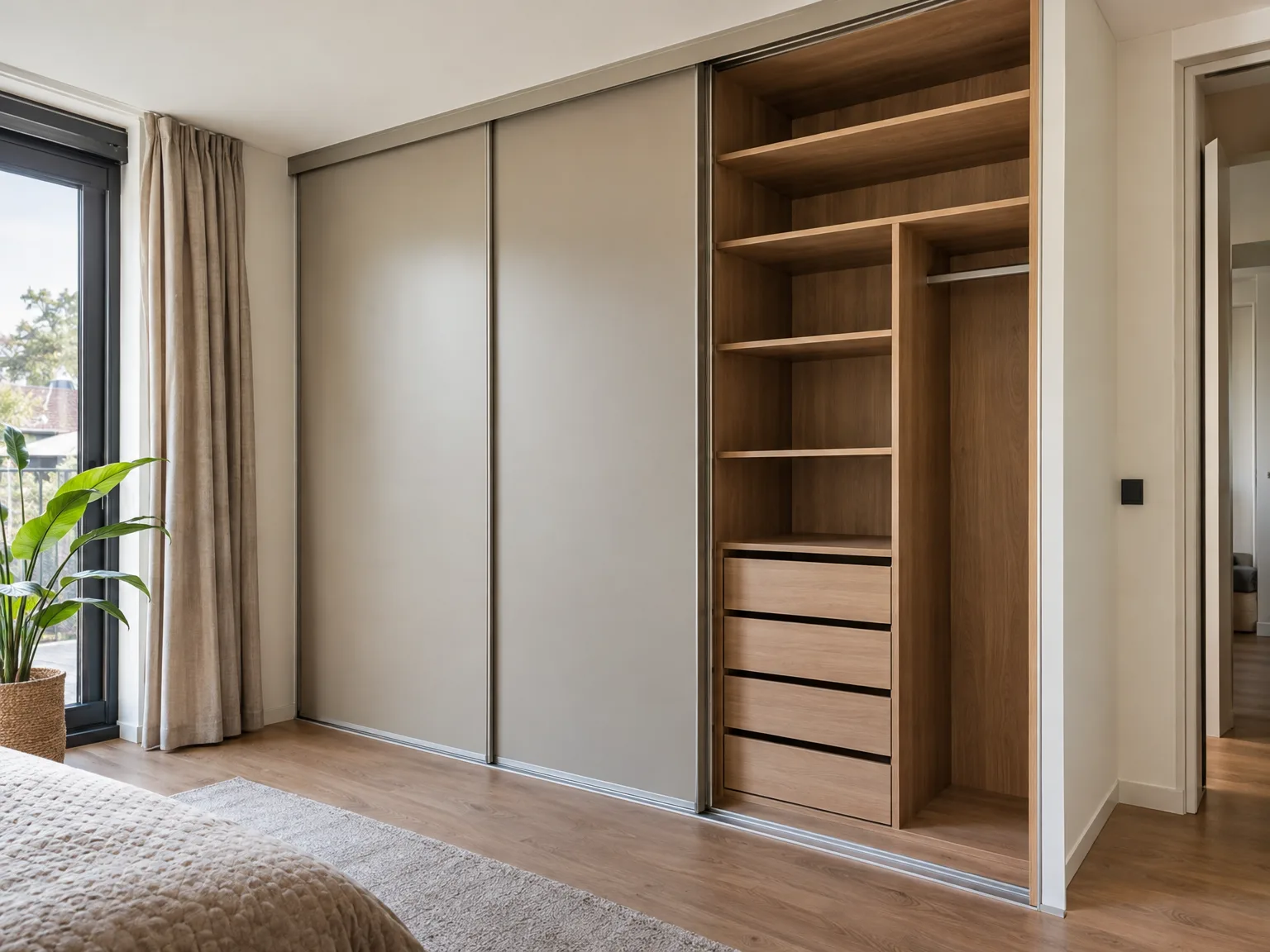 Inbouwkast met grijze schuifdeuren, houten laden en open planken in slaapkamer