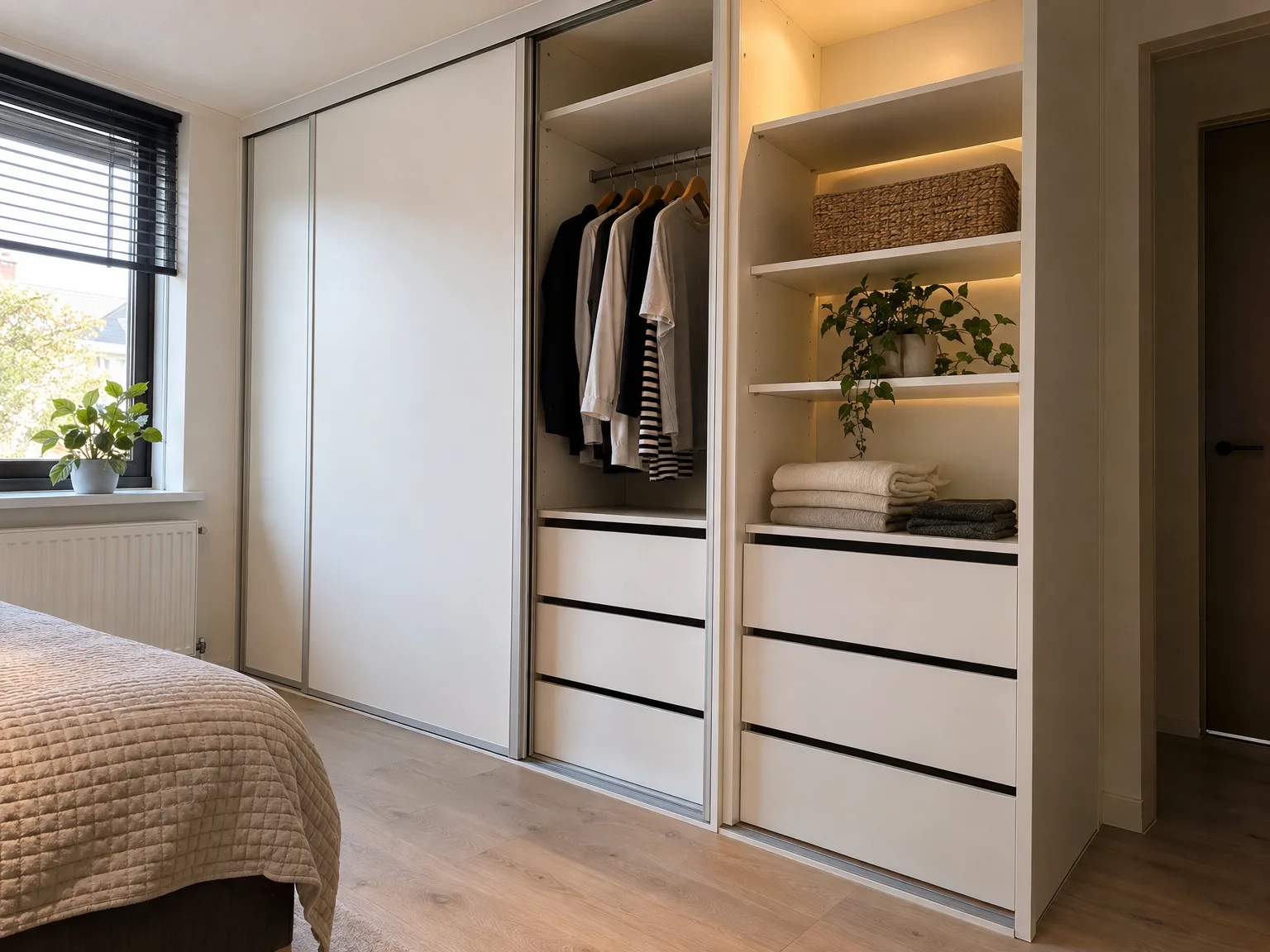 Inbouwkast met witte schuifdeuren, zwarte laden en ingebouwde LED-verlichting in moderne slaapkamer