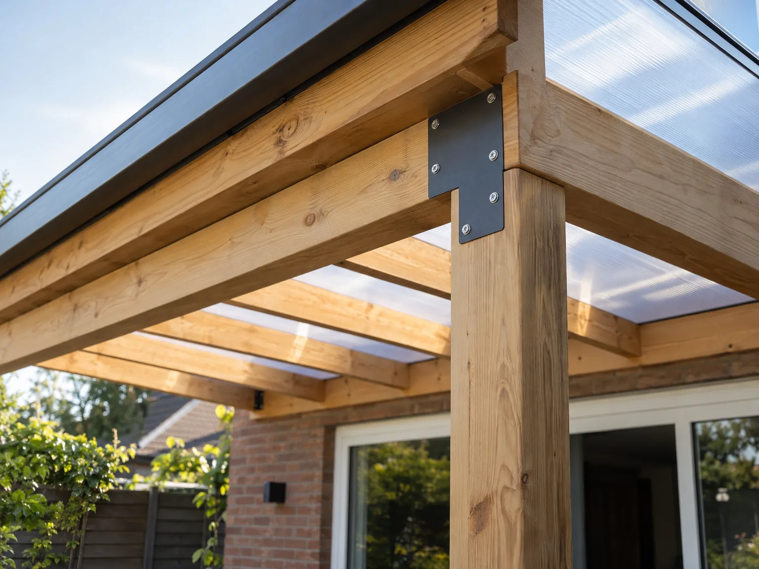 Houten overkapping met metalen verbindingen tegen bakstenen huis