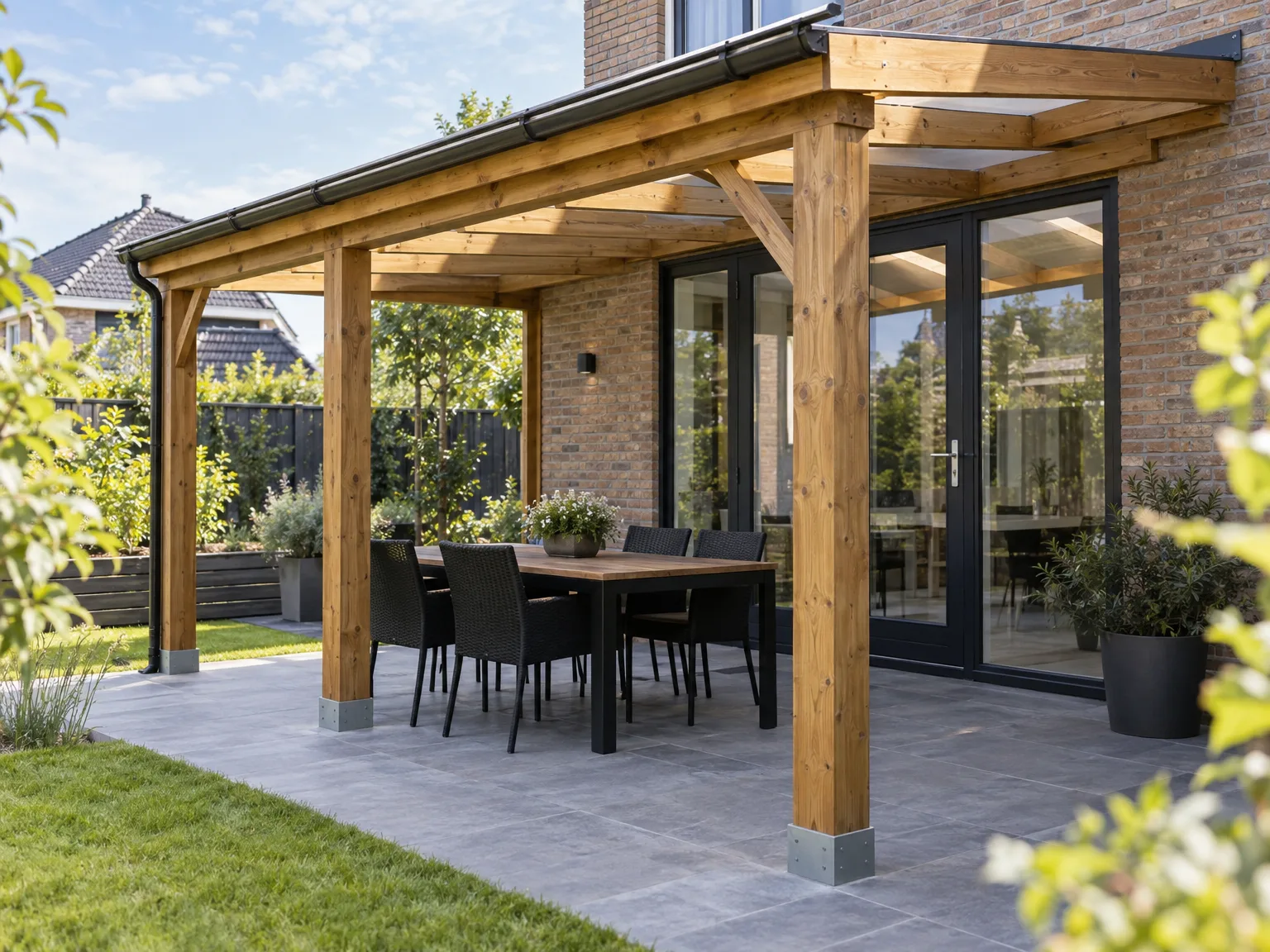Houten overkapping met pergola tegen bakstenen huis met houten tafel en tuinmeubels