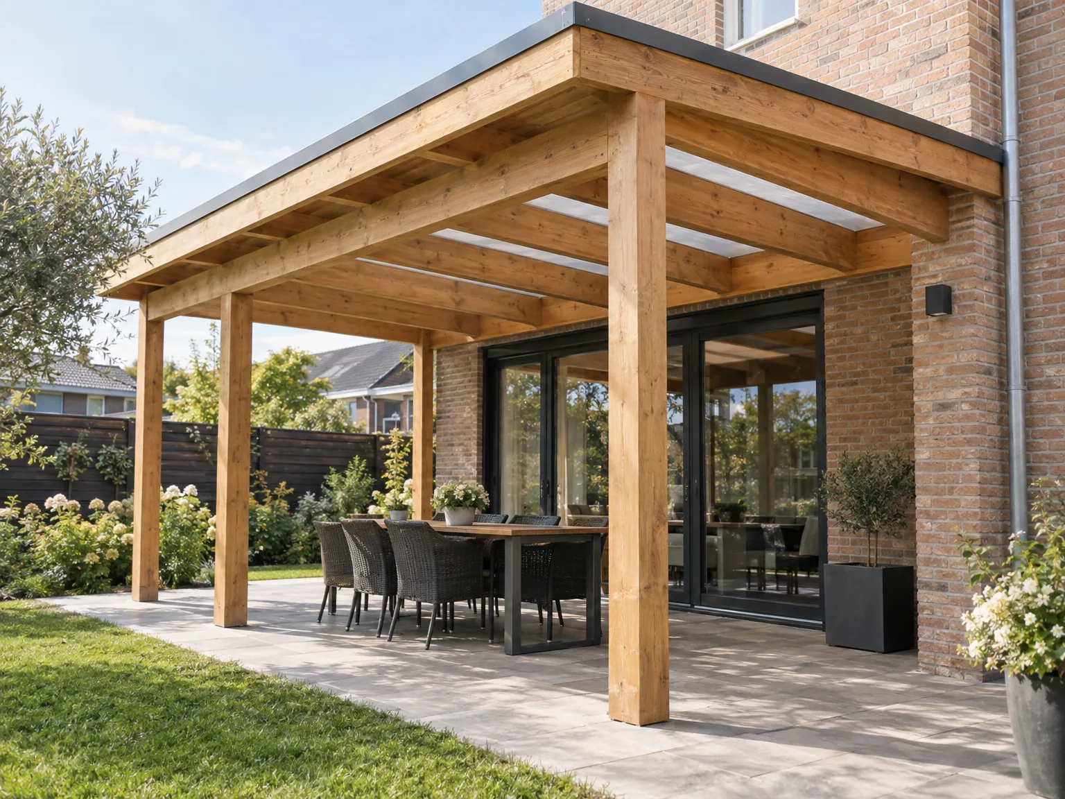 Houten overkapping met terras, zithoek en grote ramen aan moderne bakstenen woning