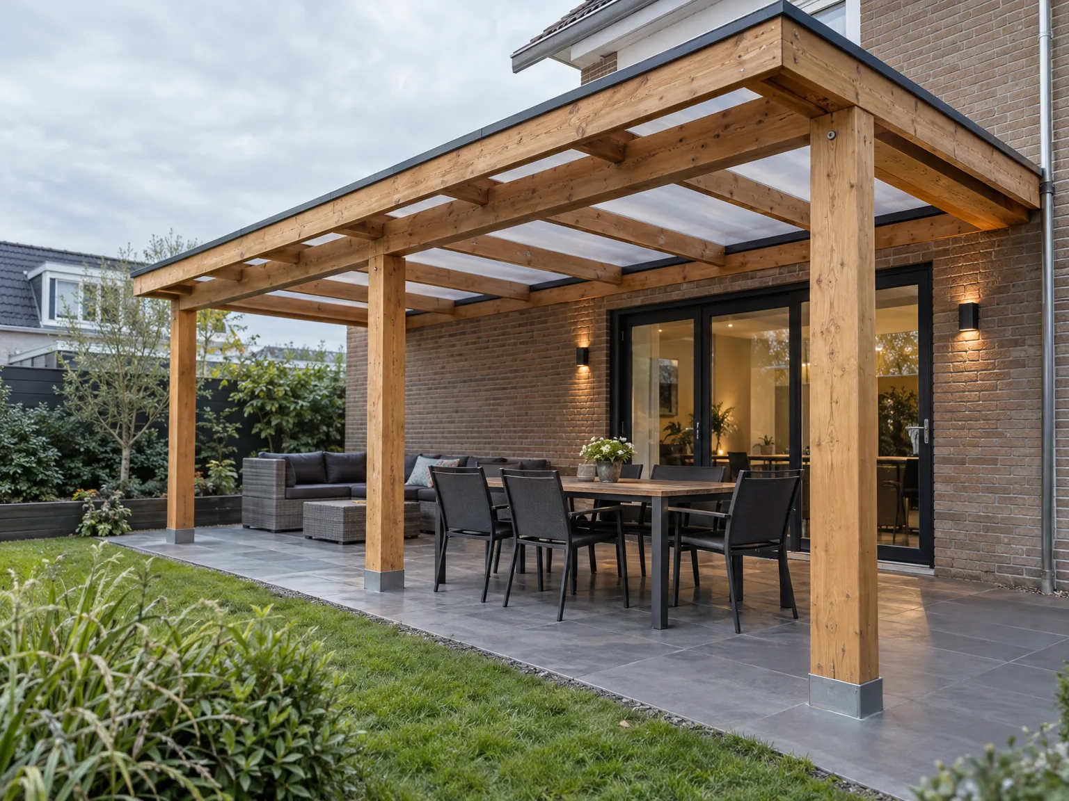 Moderne houten overkapping met zwarte meubels en terras aan bakstenen woning