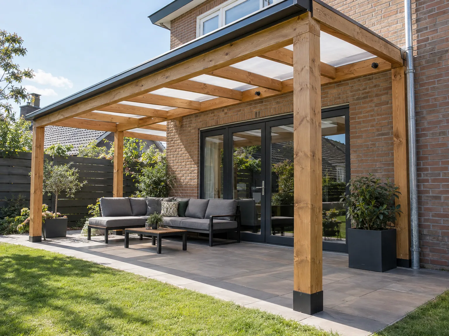 Houten overkapping aan bakstenen woning met grijzen terras, loungemeubelen en planten