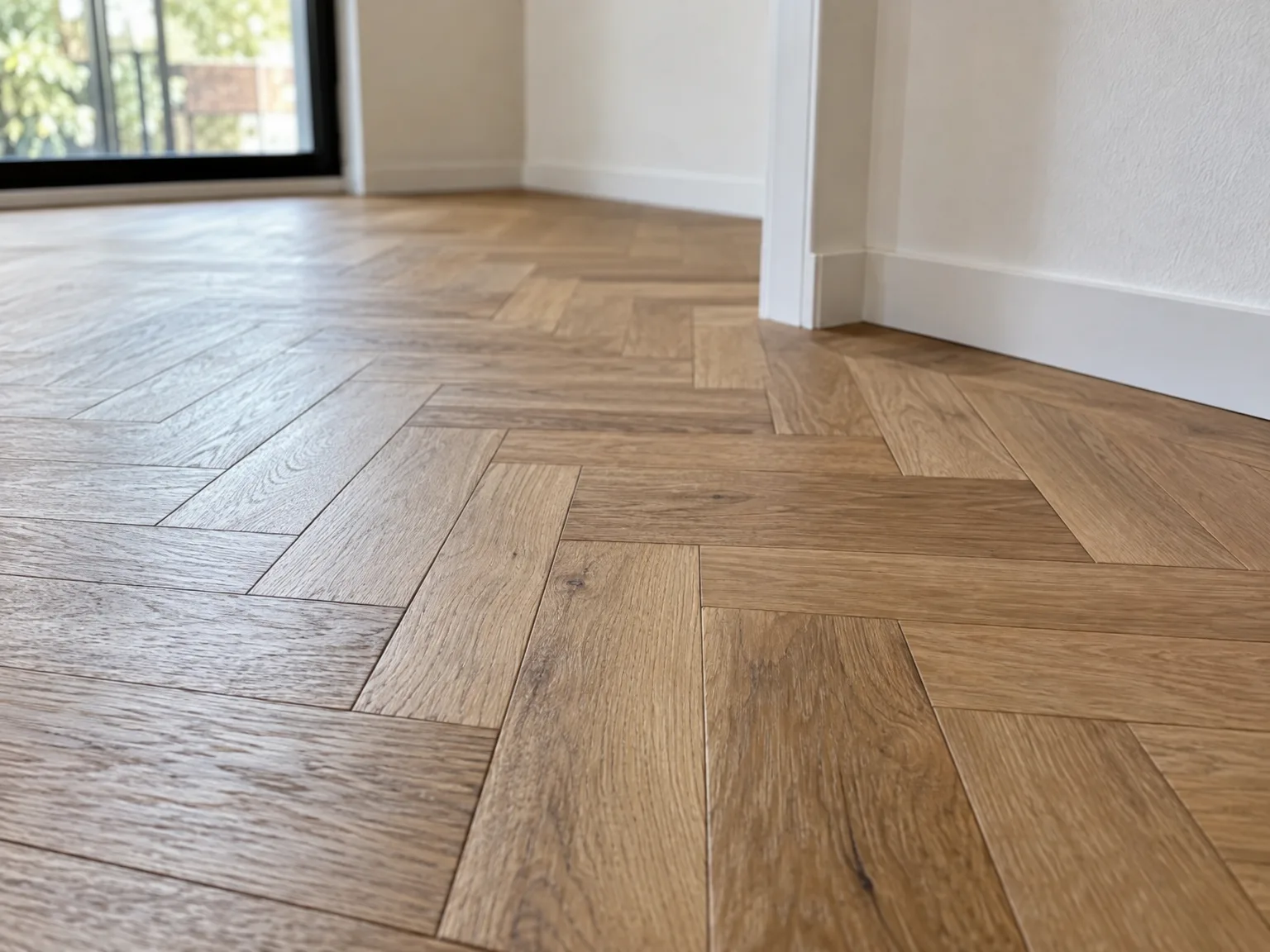 Houten parketvloer in visgraatpatroon, vers gelegd met perfecte afwerking