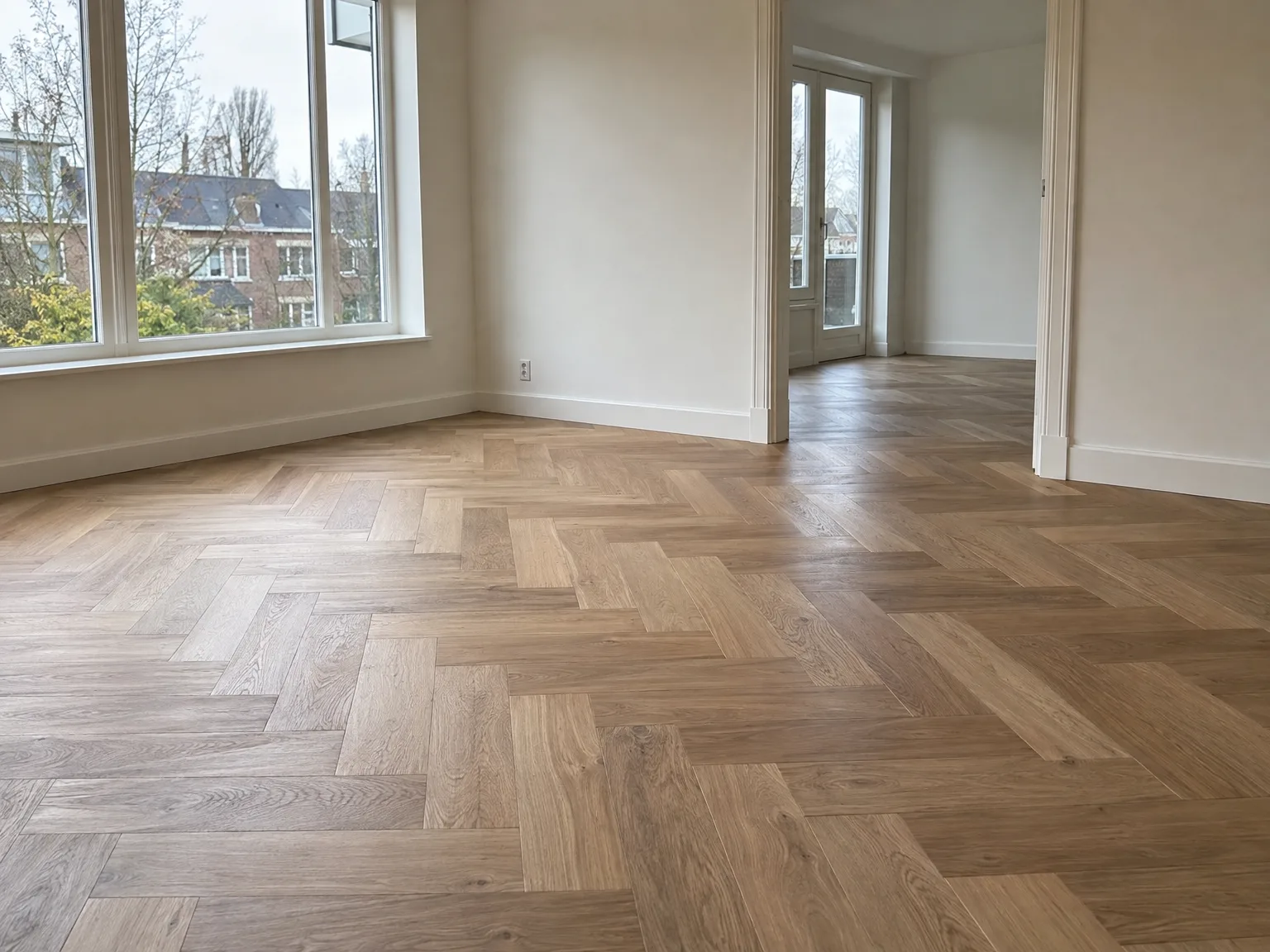 Nieuw herringbone parket in natuurlijke houtkleur vakkundig gelegd in heldere ruimte